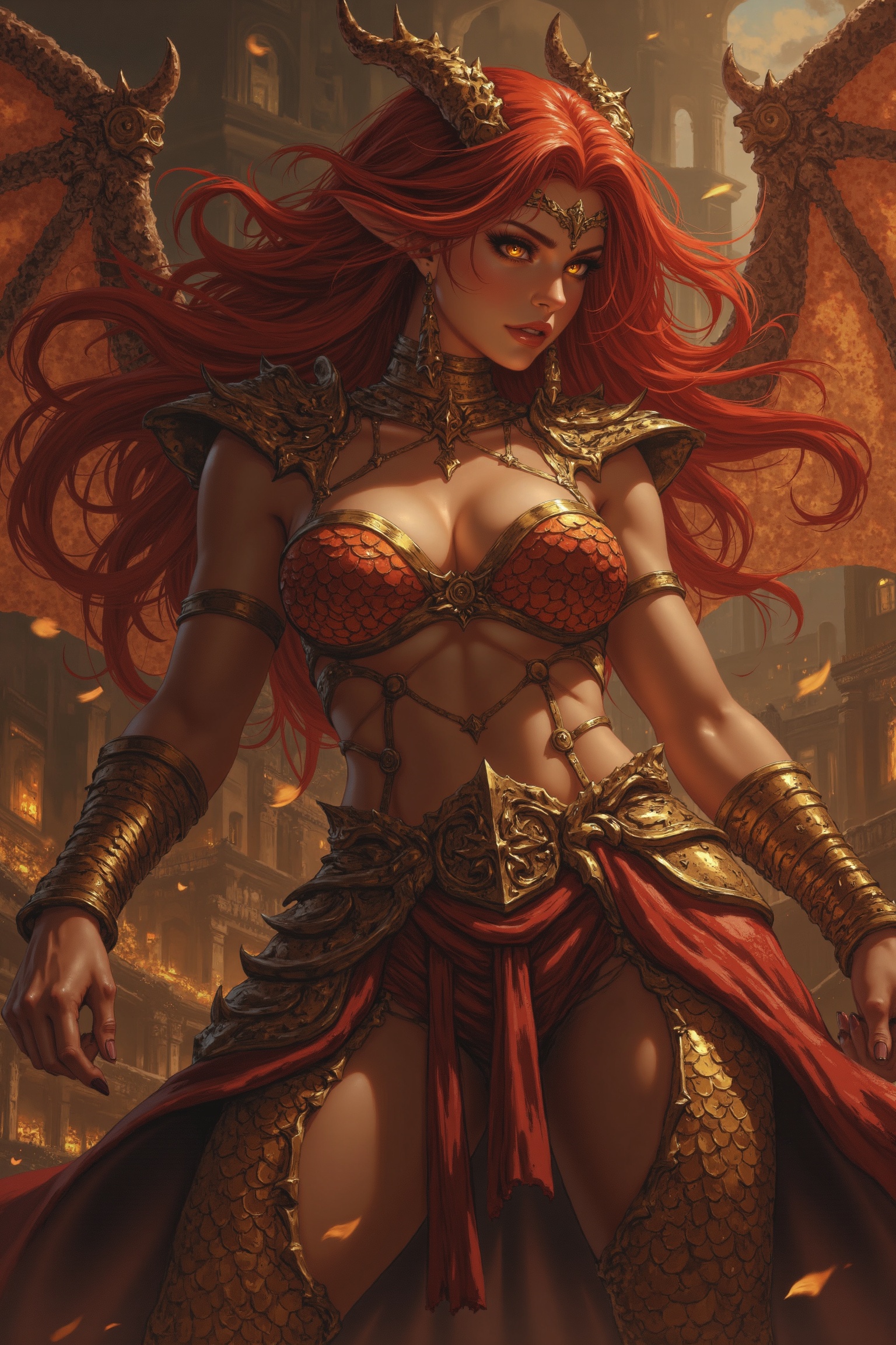 A fierce yet captivating dragonkin harem girl with shimmering bronze scales across her arms and shoulders,  her eyes glowi...