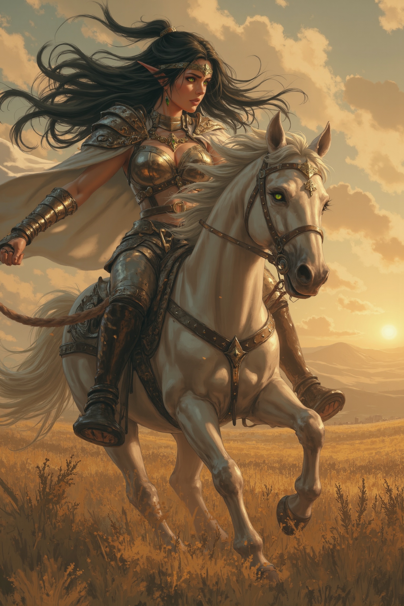 A high-resolution close-up of a female elf warrior,  her black hair flowing in the breeze as she rides atop a majestic whi...