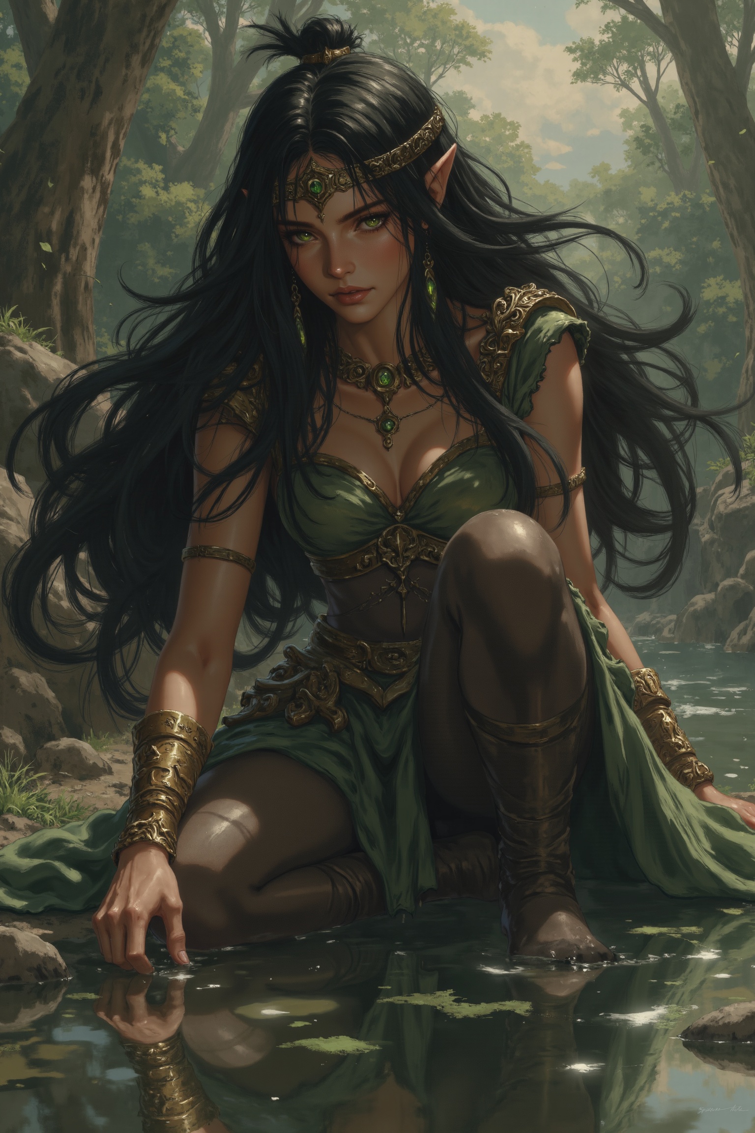 A high-resolution,  dramatic scene of a female elf warrior kneeling by a tranquil river,  her black hair cascading over he...