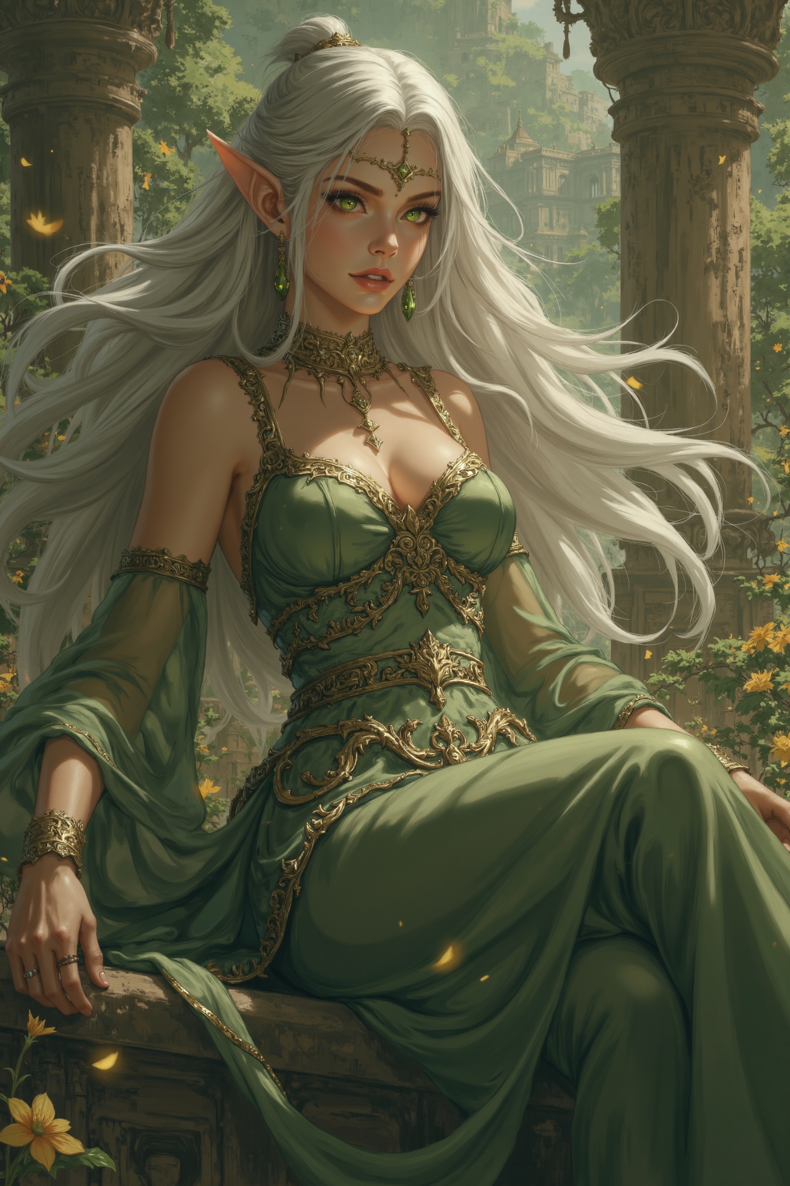 A stunning elven harem girl with ethereal,  pale skin and long,  flowing silver hair. Her pointed ears peek through her so...