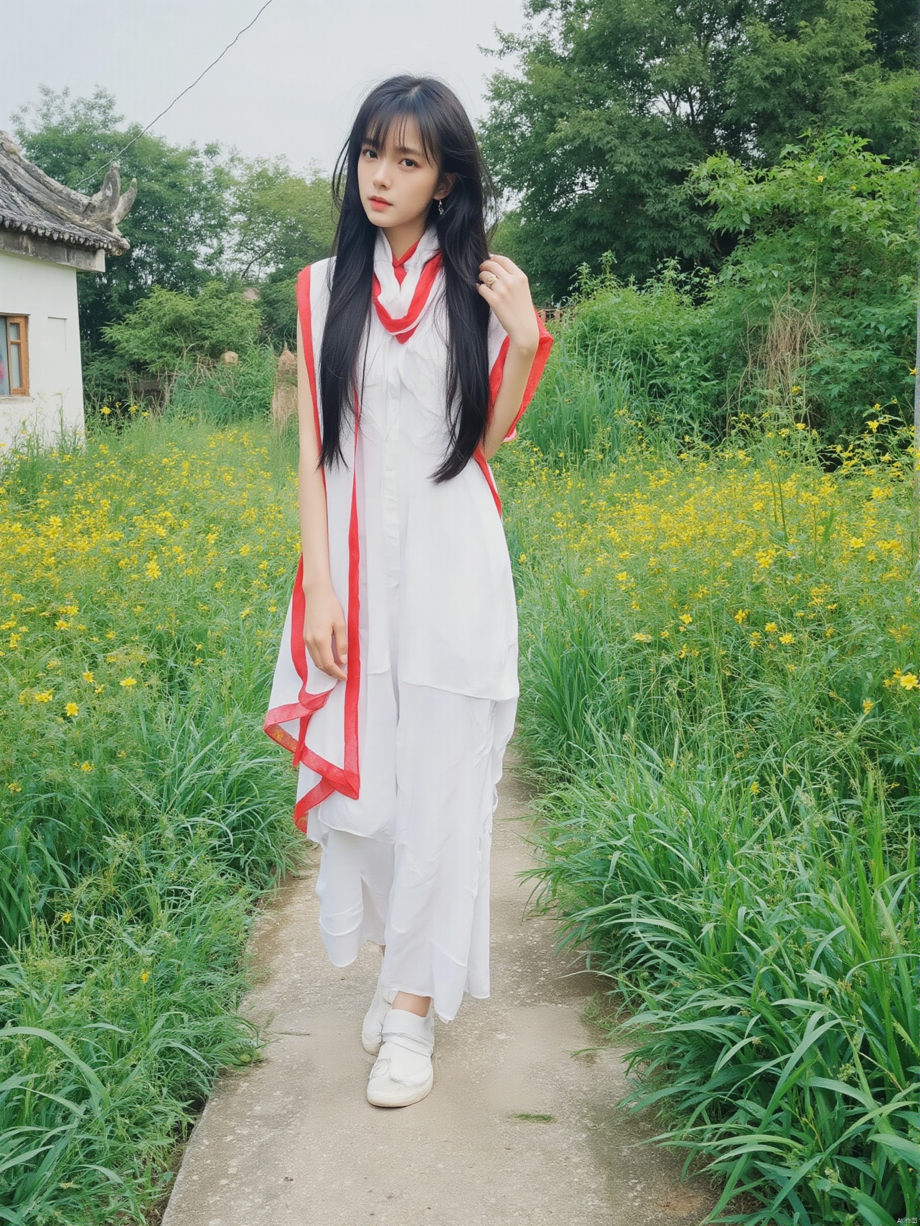 a young Asian woman with long black hair, wearing a white sleeveless dress and a red and white scarf tied around her neck. She is standing on a concrete walkway that is surrounded by lush green grass and yellow flowers. To the left of her, there is a white building with a black roof. In the background, there are trees and a gray sky.