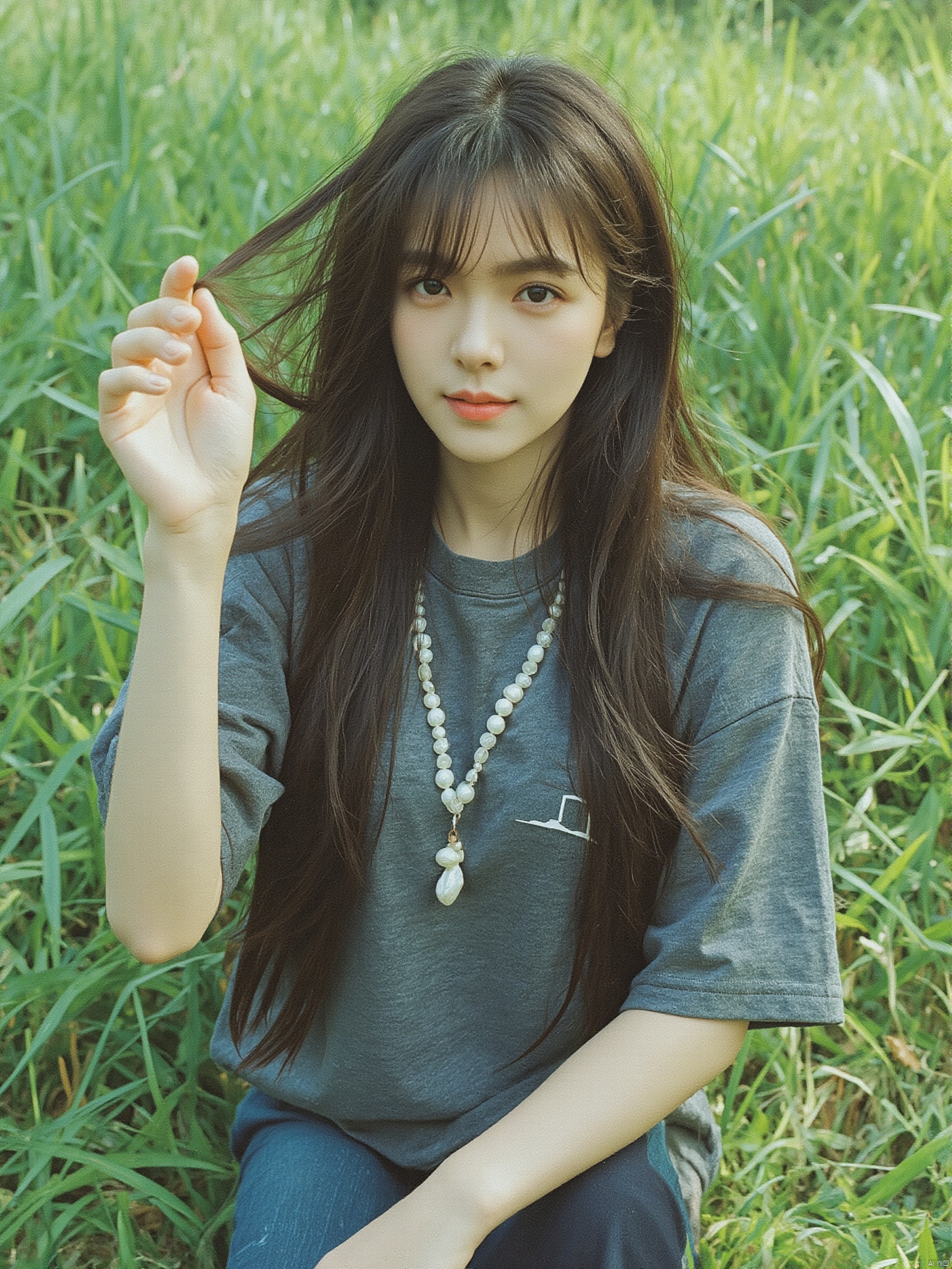 a young Asian woman with long dark brown hair is seated on a lush green grass field. She is dressed in a gray t-shirt, adorned with white pearls strung across her neck, adding a touch of charm to her outfit. Her expression is neutral, with a slight smile on her face. The woman's left hand is raised in the air, while her right hand rests on her hip. The background is blurred, suggesting a peaceful, sunny day.