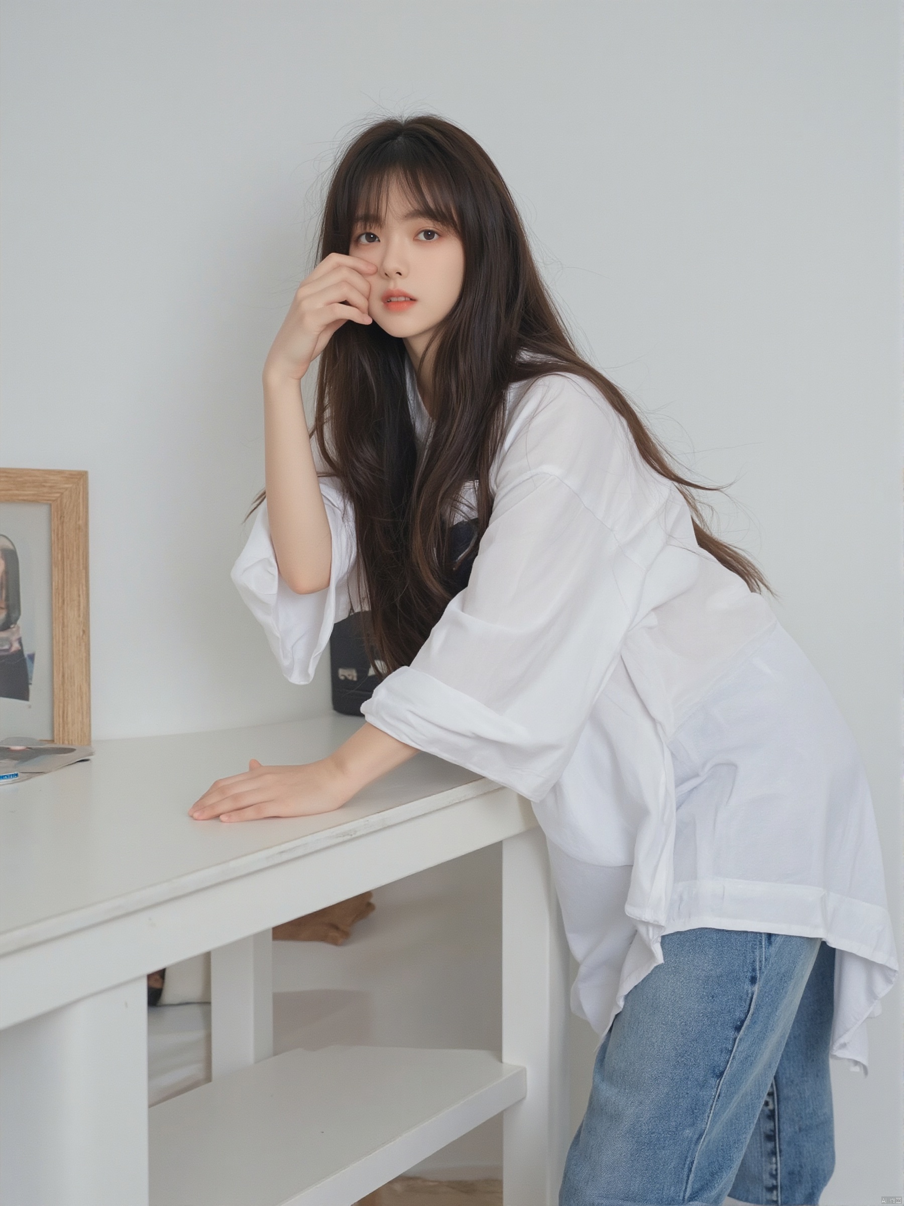 a young Asian woman with long dark brown hair, wearing a white short-sleeved t-shirt and jeans, is leaning on a white table. Her left hand is resting on the table, adding a touch of touch to the scene. The backdrop is a stark white wall, creating a stark contrast to the woman's white shirt.