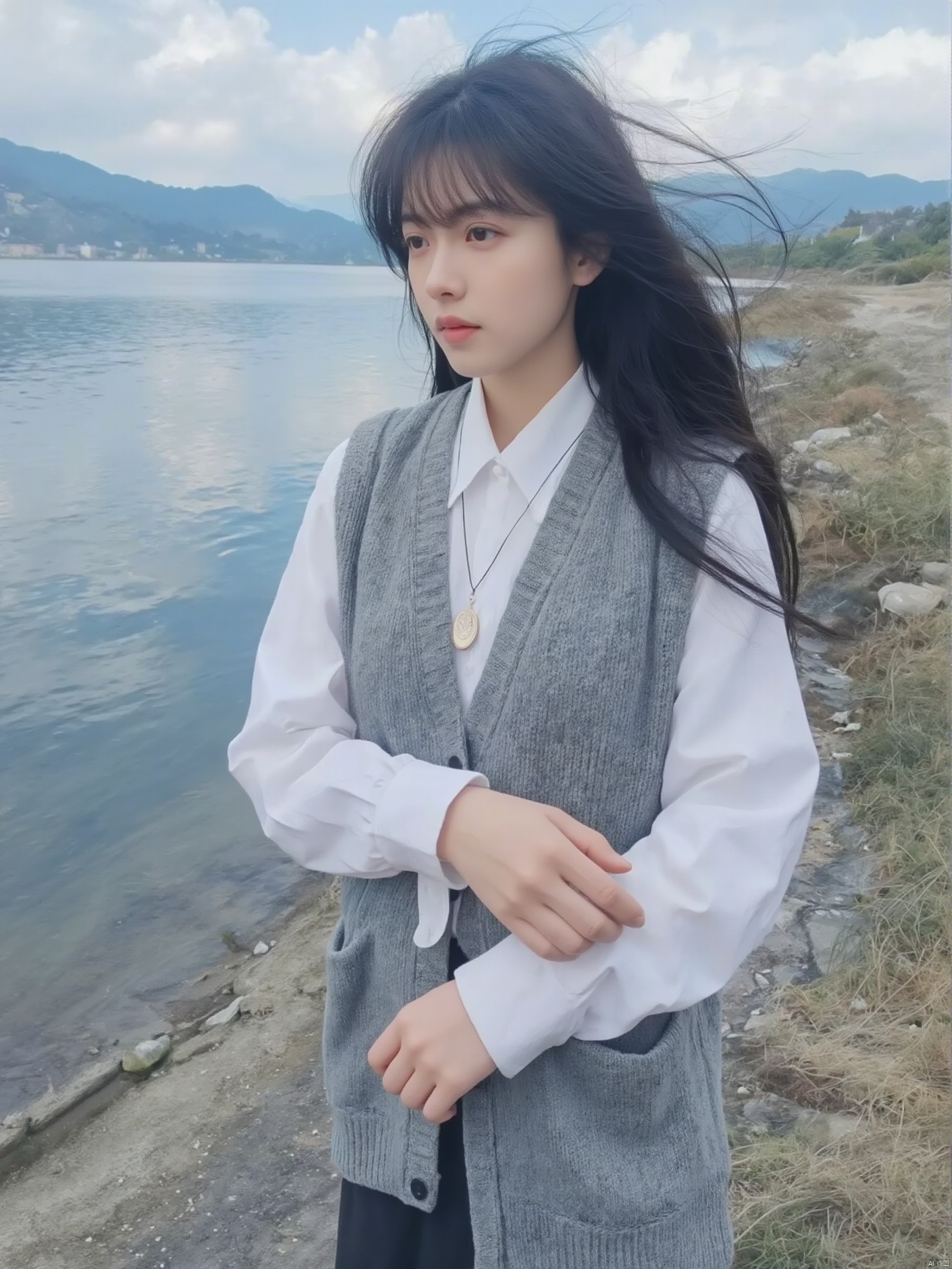 A young Asian woman with long black hair, wearing a white cardigan and gray vest. She stood by the riverbank, with lakes and mountains in the background. The sky is filled with white clouds, adding a touch of color to the scene.