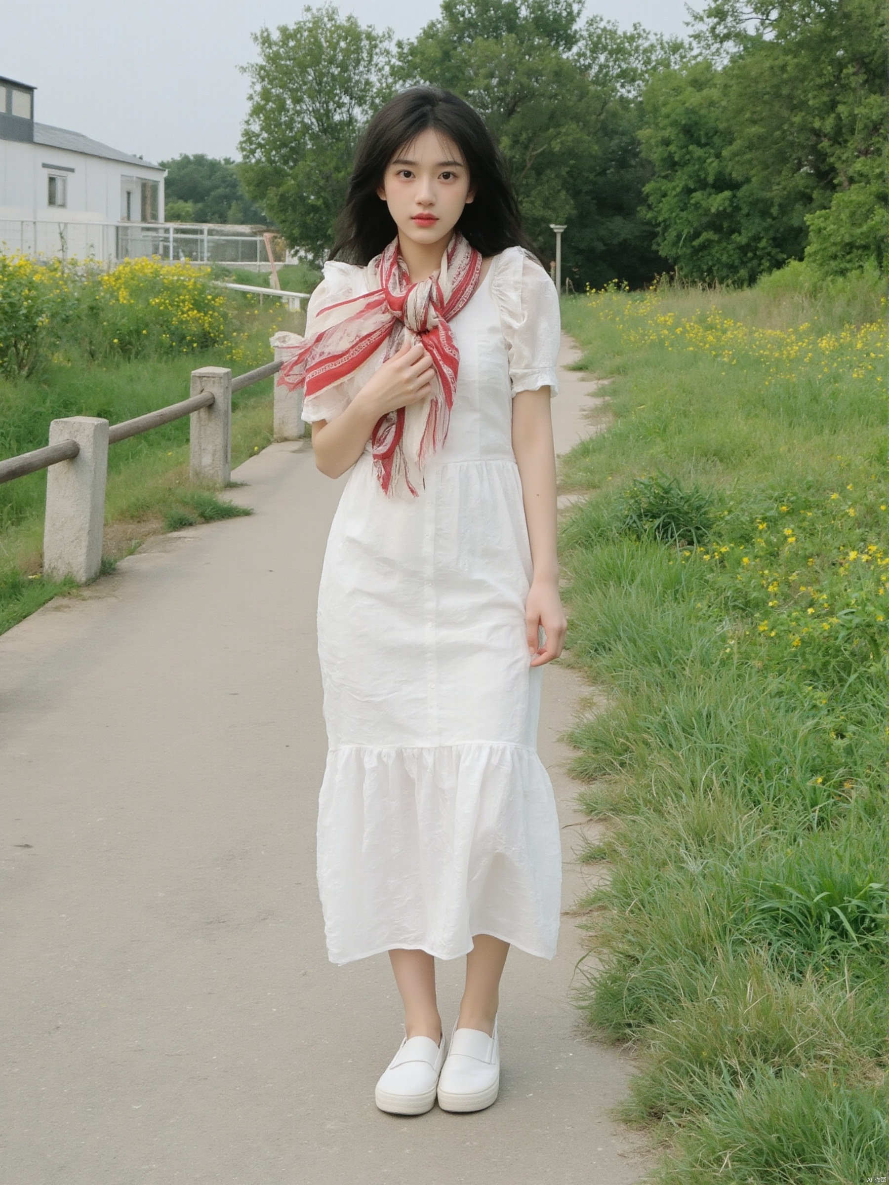 a young Asian woman with long black hair, wearing a white sleeveless dress and a red and white scarf tied around her neck. She is standing on a concrete walkway that is surrounded by lush green grass and yellow flowers. To the left of her, there is a white building with a black roof. In the background, there are trees and a gray sky.