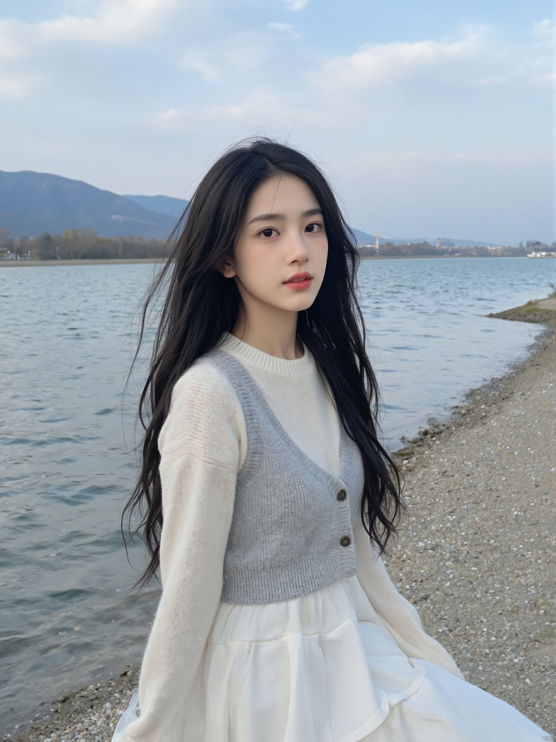 A young Asian woman with long black hair, wearing a white cardigan and gray vest. She stood by the riverbank, with lakes and mountains in the background. The sky is filled with white clouds, adding a touch of color to the scene.