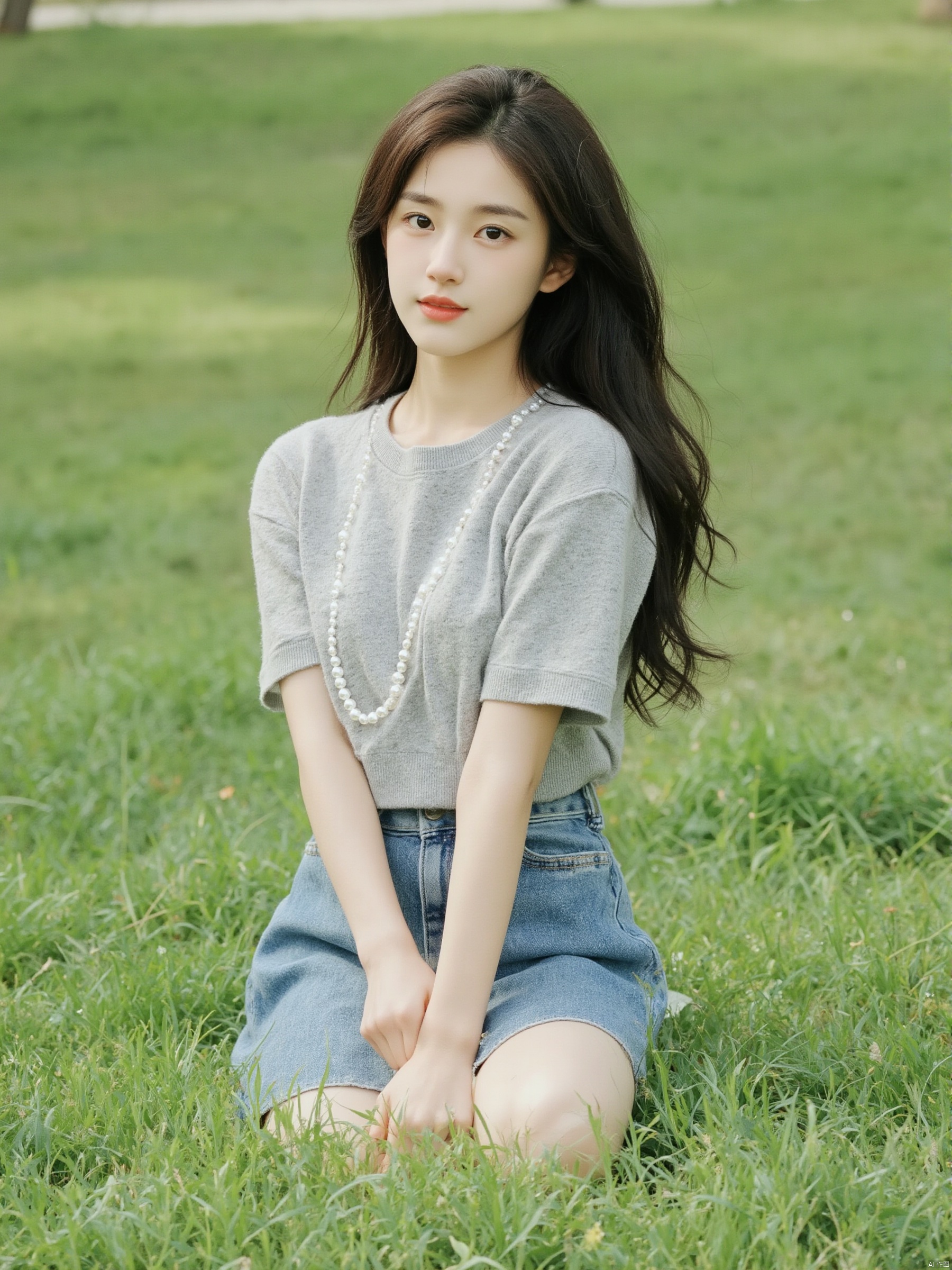 a young Asian woman with long dark brown hair is seated on a lush green grass field. She is dressed in a gray t-shirt, adorned with white pearls strung across her neck, adding a touch of charm to her outfit. Her expression is neutral, with a slight smile on her face. The woman's left hand is raised in the air, while her right hand rests on her hip. The background is blurred, suggesting a peaceful, sunny day.