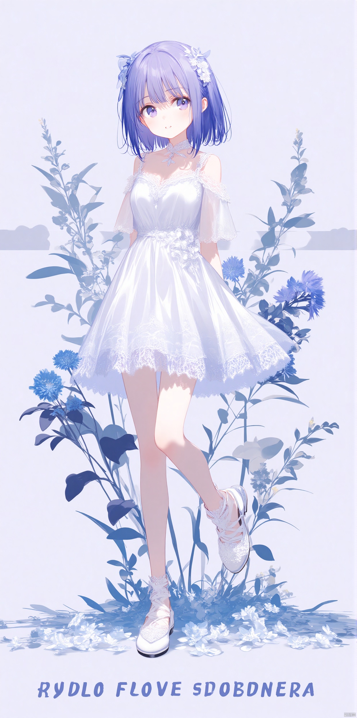 1girl, solo, looking at viewer, short hair, bangs, hair ornament, dress, hair between eyes, jewelry, closed mouth, blue hair, standing, full body, purple hair, flower, frills, shoes, sleeveless, hair flower, white dress, english text, sleeveless dress, white footwear, standing on one leg, frilled dress, plant, white flower, blue flower, skirt hold, purple flower