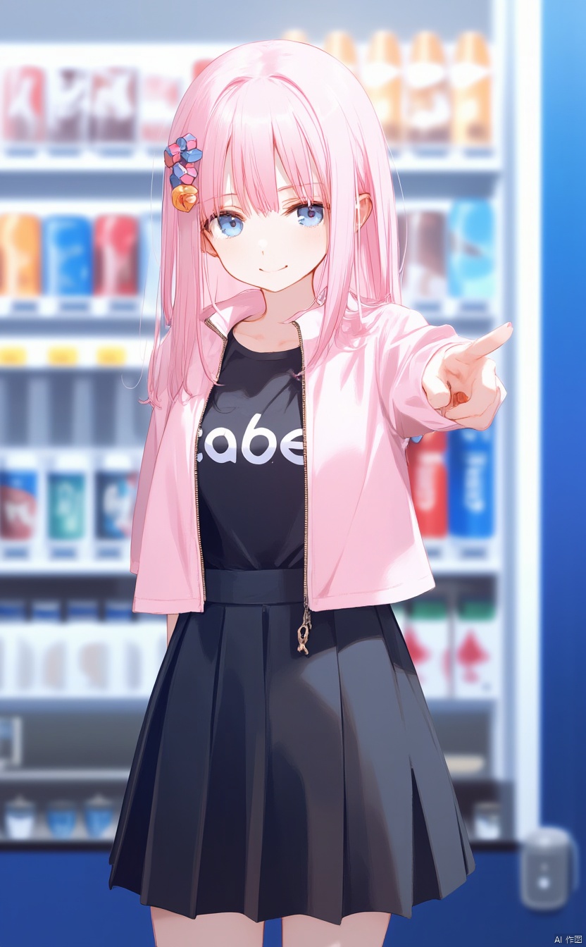 masterpiece,best quality,high quality,(colorful),Artist myush,nai3 Style,Artist hiten (hitenkei),Artist roha,loli,1girl,vending_machine,gotoh_hitori,pink_jacket,solo,hair_ornament,black_shirt,jacket,long_hair,cube_hair_ornament,pink_hair,guitar_case,instrument_case,shirt,looking_at_viewer,one_side_up,blush,can,blue_eyes,pointing,hair_between_eyes,closed_mouth,looking_back,skirt,short_sleeves,soda_can,soda,energy_drink,long_sleeves,black_skirt,sweat,off_shoulder,from_behind,breasts,blurry,pleated_skirt,cola,open_jacket,jacket_partially_removed,track_jacket,t-shirt,open_clothes,refrigerator,standing,drink_can,blurry_background,