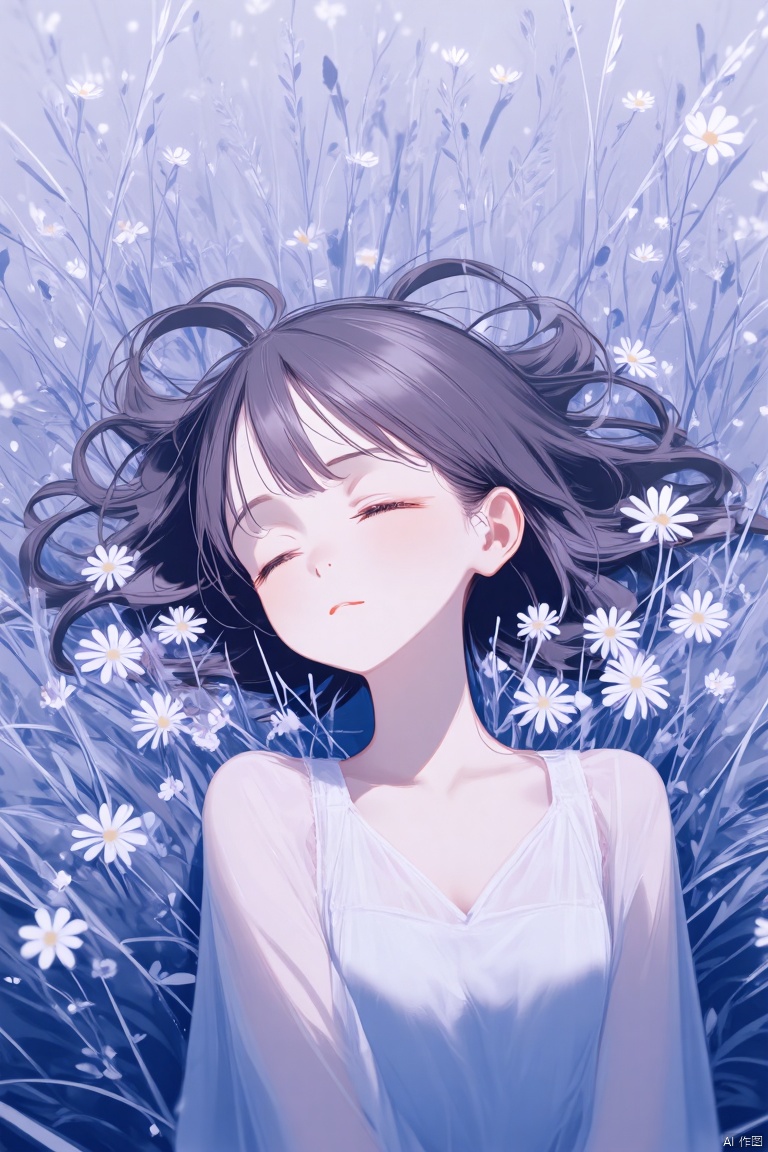 A young woman lies in a field of wildflowers, creating a dreamy, surreal atmosphere. The overall color is a mixture of soft light blue and purple, creating a tranquil, ethereal atmosphere. The illustration style