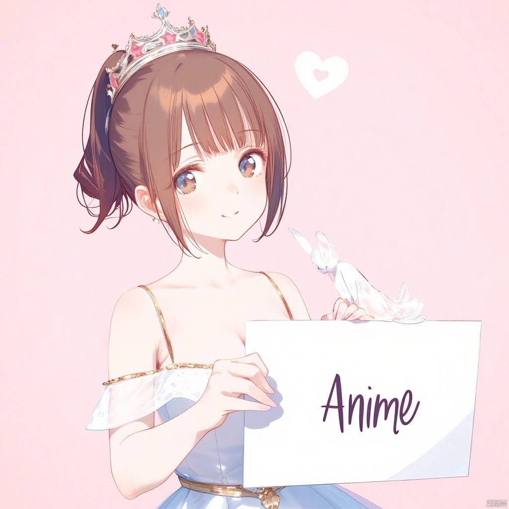 1girl, solo, breasts, looking at viewer, smile, short hair, blue eyes, simple background, brown hair, dress, jewelry, closed mouth, upper body, earrings, hair bun, white dress, lips, single hair bun, pink background, tiara, crown, realistic, princess,,holding a sign. There's a caption on the sign that says, "Anime"