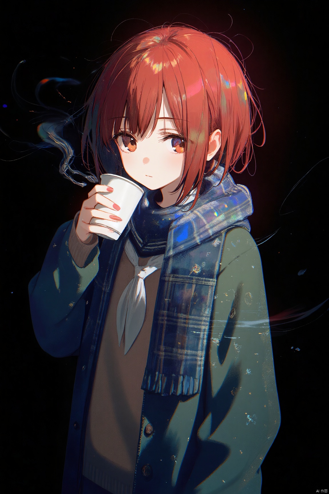 1girl, (ikuchan kaoru:0.7), odmised, 1girl, samejima mamimi, flcl, solo, brown eyes, brown sweater, cigarette, coat, coffee, coffee mug, cup, expressionless, eyebrows hidden by hair, from side, green coat, holding, holding cup, lips, long sleeves, looking at viewer, messy hair, mug, open clothes, open coat, pen, plaid, plaid scarf, red hair, sailor collar, school uniform, short hair, simple background, smoke, smoking, sweater, iridescent.

very dark, (darkness:1.05), silhouette, glowing, (dark background:0.7) (blue theme:0.7), watercolor \(medium\), watercolor blots, sky, darkness.
