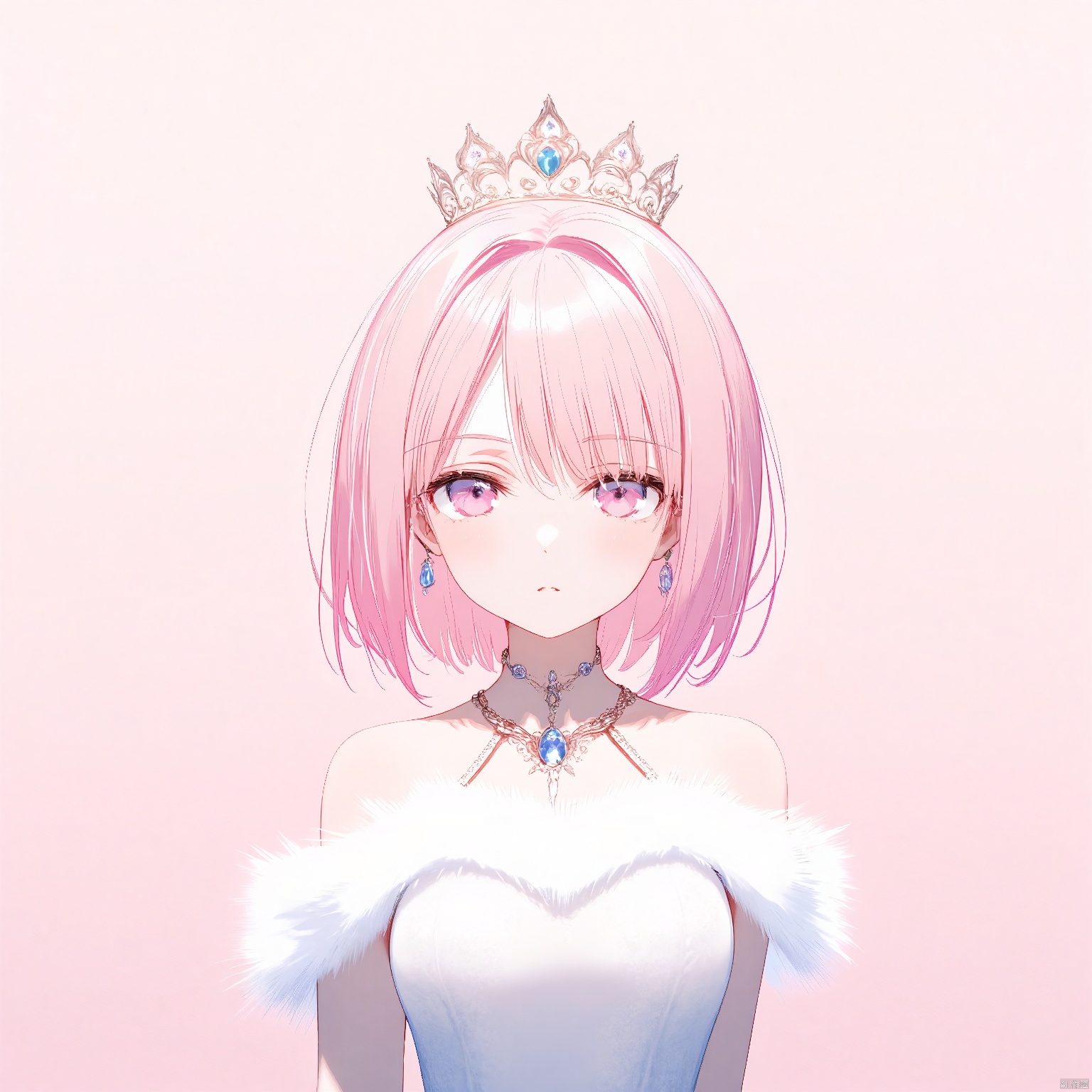 1girl, solo, breasts, looking at viewer, short hair, bangs, dress, jewelry, closed mouth, upper body, pink hair, earrings, pink eyes, necklace, white dress, parted bangs, fur trim, pink background, crown, gem