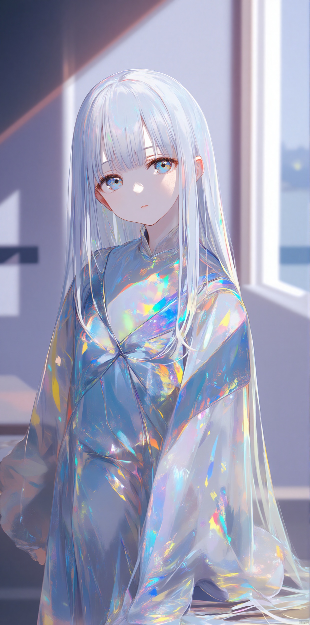 Digital art,Illustration,Ethereal,Fantasy,Whimsical,Serene,1girl,a girl with very long hair,standing behind a wall,the wall painted,sitting on stair,transparent color PVC clothing,transparent color vinyl clothing,prismatic,holographic,chromatic aberration,fashion illustration,masterpiece,girl with harajuku fashion,looking at viewer,8k,ultra detailed,pixiv,mochizuki,