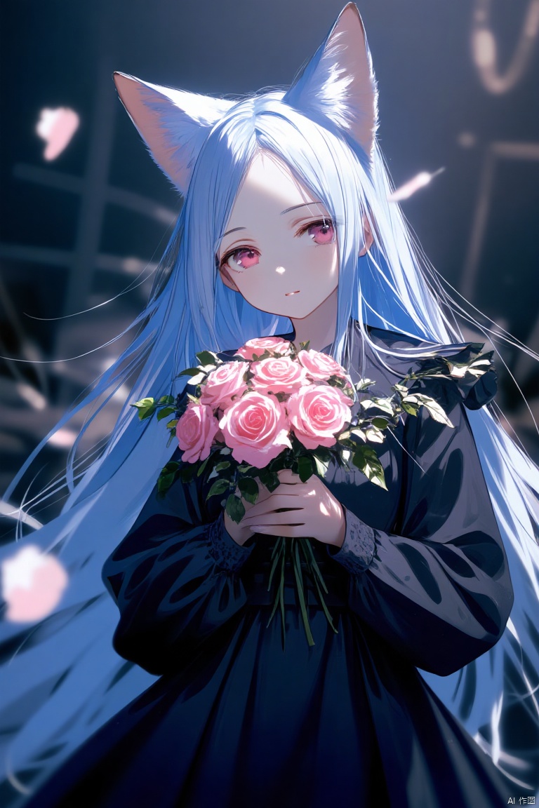 A cartoon drawing of a fox girl with long blue hair and a black dress. The fox girl is holding a bouquet of pink roses. The overall style of the image is dark, cartoon drawing,girl
