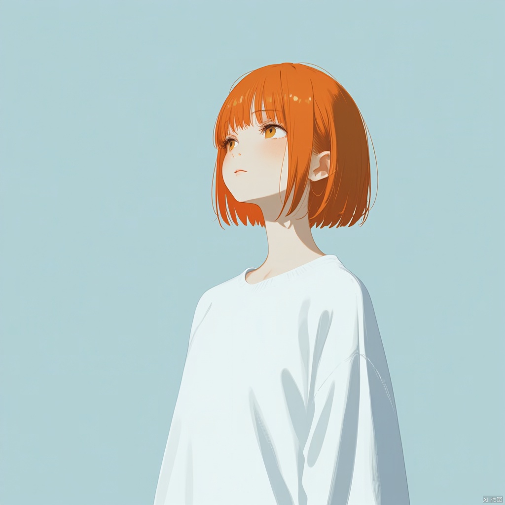 The image features a female subject with a striking and stylized appearance, standing against a soft, pale blue background. She has a distinct orange bob haircut and a contemplative or distant expression on her face, with her eyes gazing slightly upwards. She is wearing a plain white sweatshirt, which contrasts with her bright hair and pale skin. Notably, her skin is dotted with freckles, adding to the realism and texture of the image. The overall mood appears serene and somewhat introspective, emphasized by the minimalist styling and the soft lighting that casts gentle shadows on the subject's face.