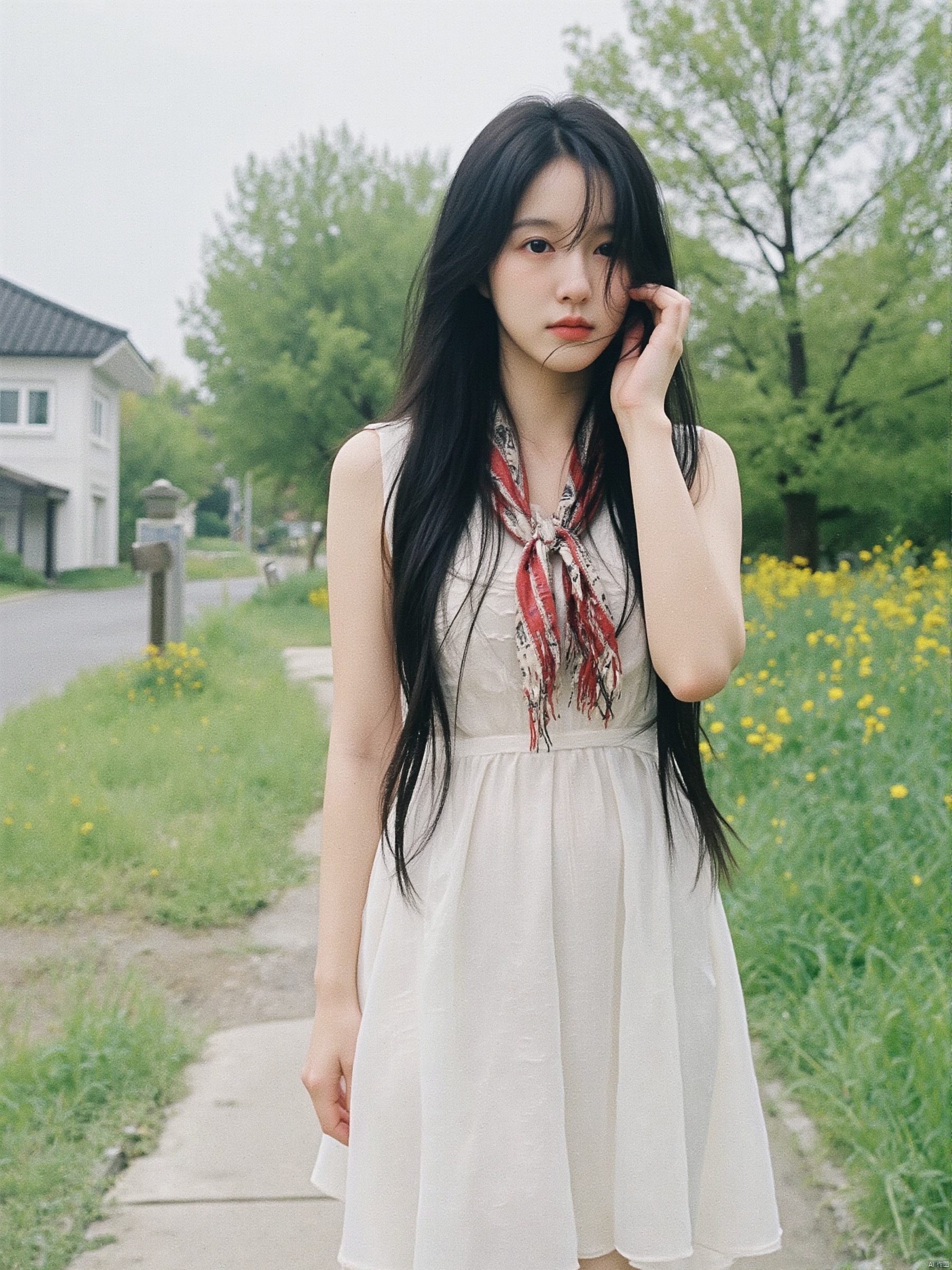 a young Asian woman with long black hair, wearing a white sleeveless dress and a red and white scarf tied around her neck. She is standing on a concrete walkway that is surrounded by lush green grass and yellow flowers. To the left of her, there is a white building with a black roof. In the background, there are trees and a gray sky.