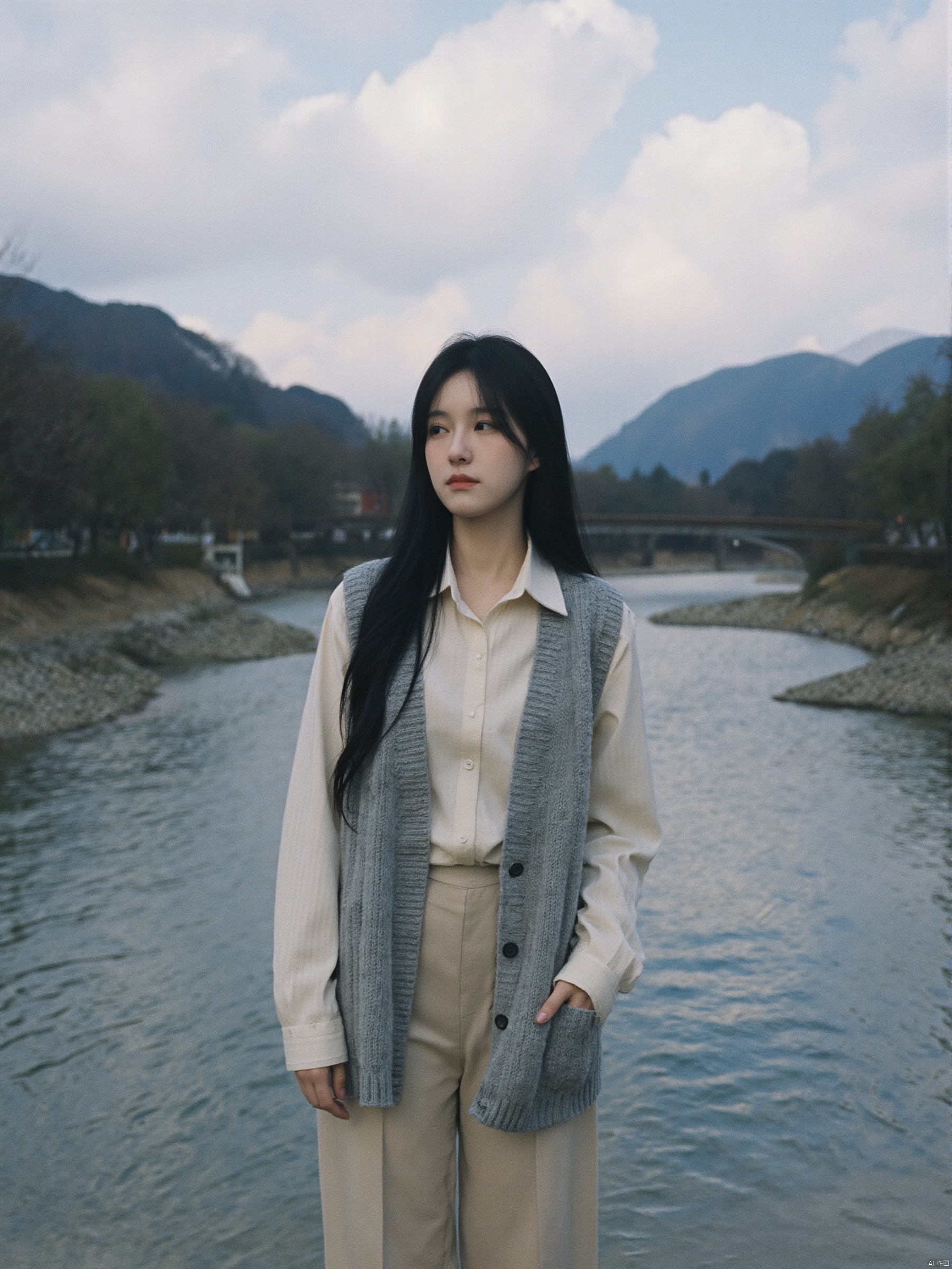 A young Asian woman with long black hair, wearing a white cardigan and gray vest. She stood by the riverbank, with lakes and mountains in the background. The sky is filled with white clouds, adding a touch of color to the scene.