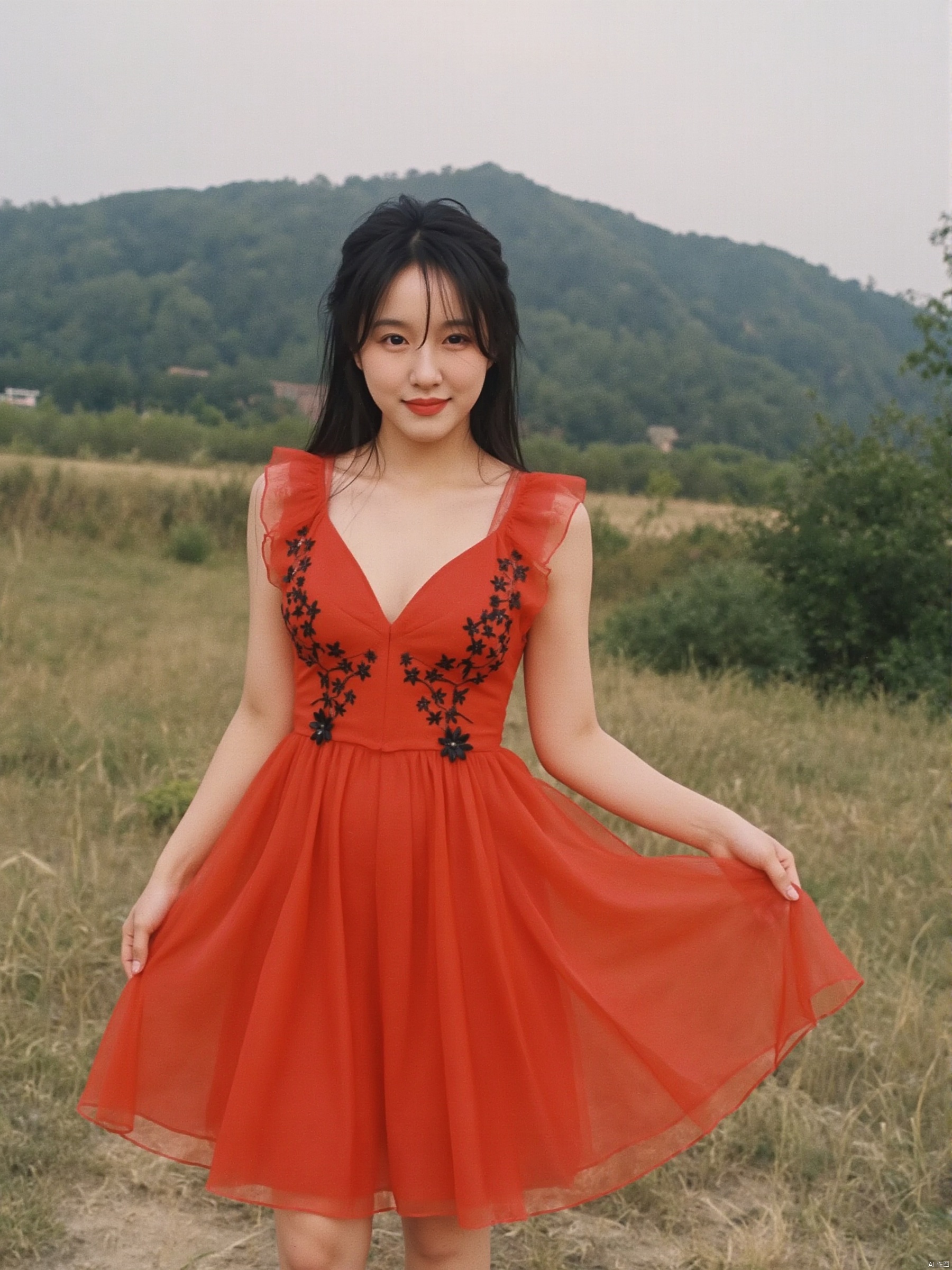 a young Asian woman stands in a vibrant red sleeveless dress adorned with black flowers. Her hair is pulled back, cascading over her shoulders, adding a touch of warmth to her face. The dress is adorned with a deep V-neckline, adorned with small black flowers adorns the dress. She is smiling, her lips pursed, and her eyes are slightly open. The backdrop, a grassy field stretches out to the left of her, with a hill covered in trees and bushes in the distance. The sky is a muted blue, dotted with a few wispy clouds.