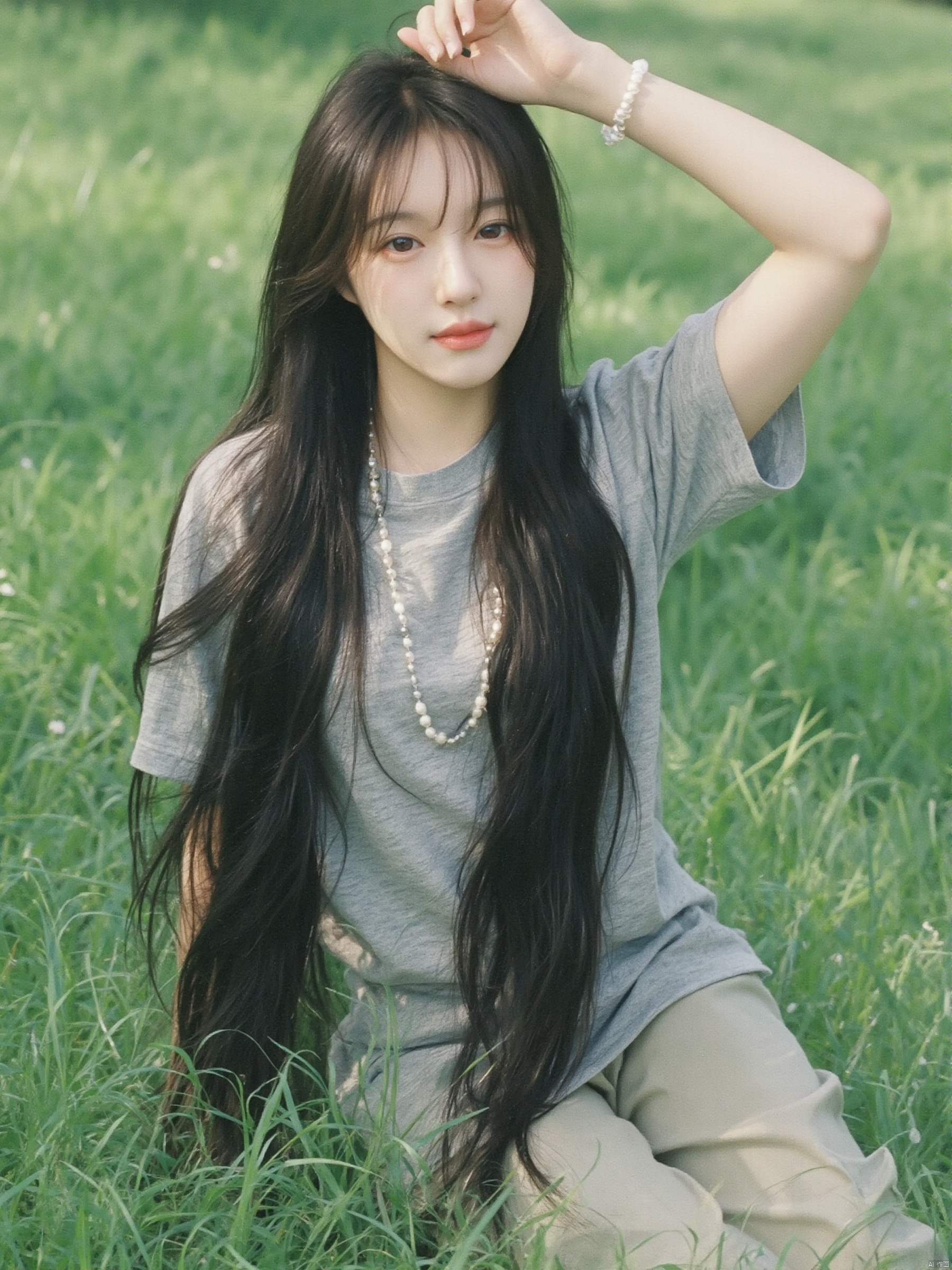 a young Asian woman with long dark brown hair is seated on a lush green grass field. She is dressed in a gray t-shirt, adorned with white pearls strung across her neck, adding a touch of charm to her outfit. Her expression is neutral, with a slight smile on her face. The woman's left hand is raised in the air, while her right hand rests on her hip. The background is blurred, suggesting a peaceful, sunny day.