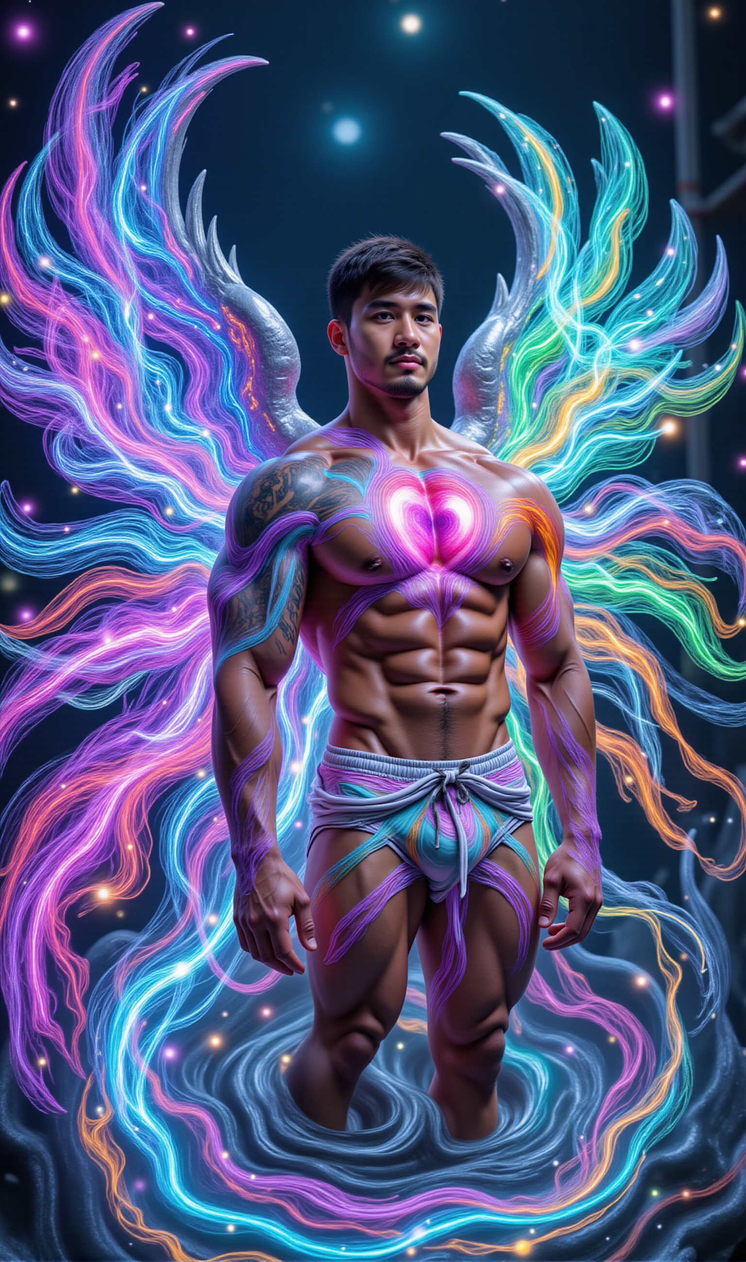 A muscular angel,  with short black hair and tan skin,  stands in side view amidst a swirling tornado. an undercut hairsty...