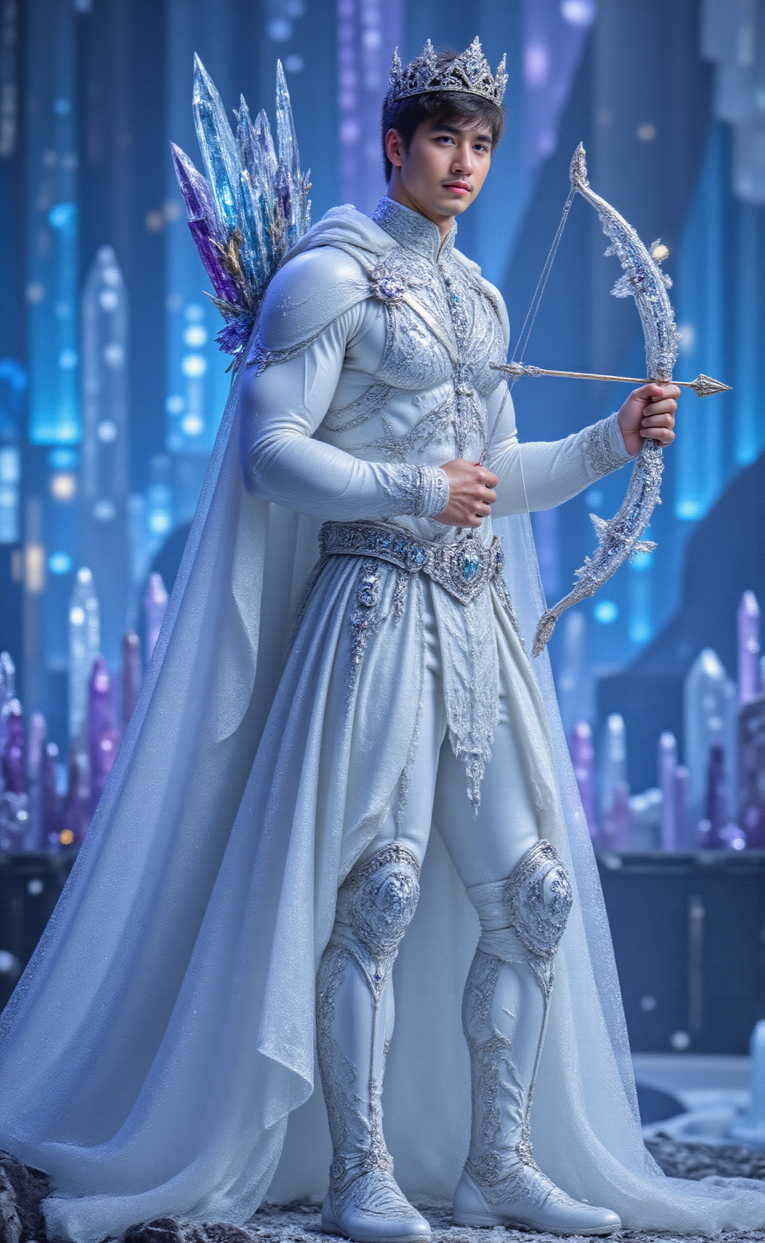 A handsome prince of Crystal with black short hair,  a complex and gorgeous Crystal crown in head,  holding a gorgeous cry...