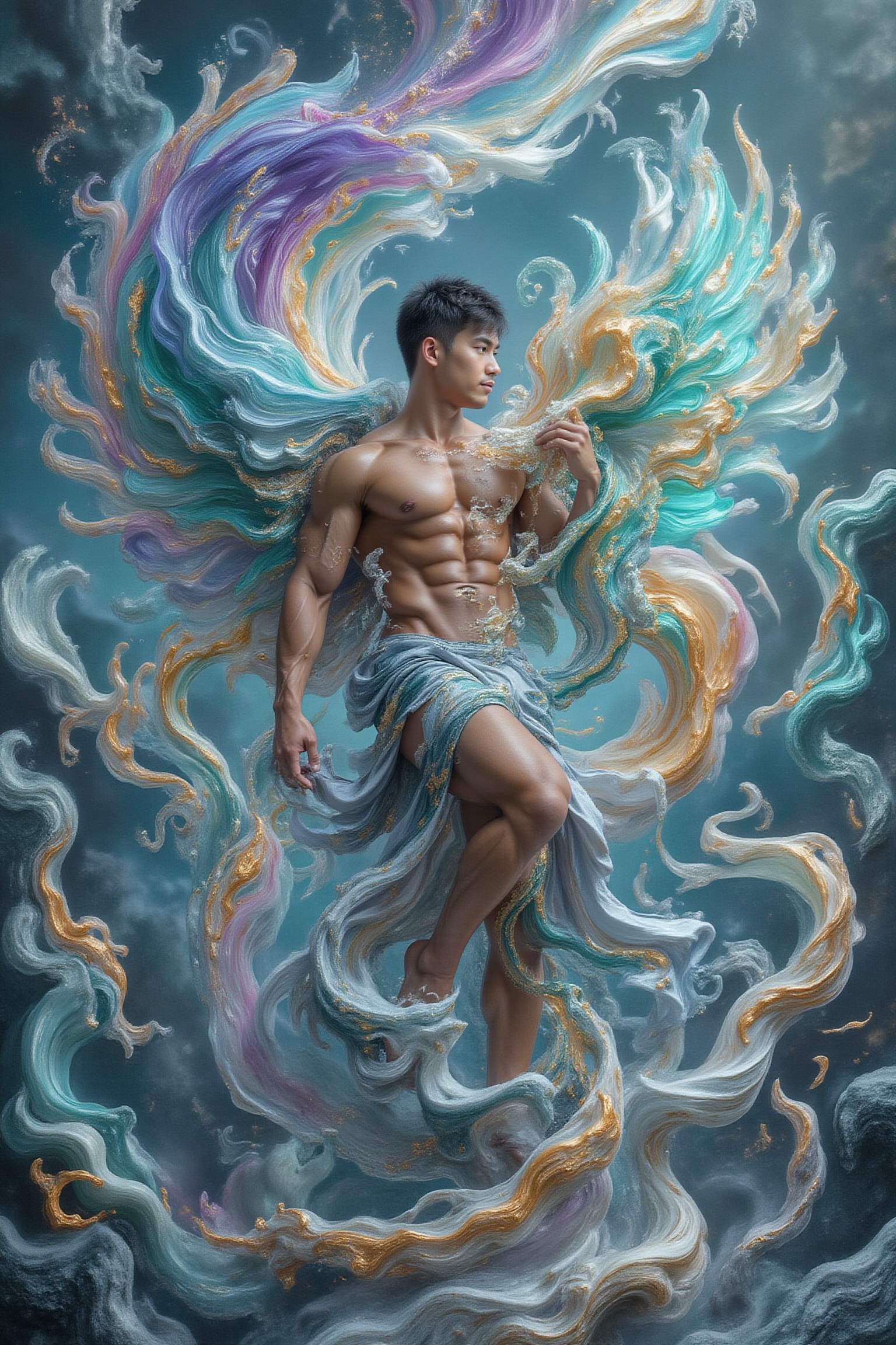 A muscular angel,  with short black hair and tan skin,  stands in side view amidst a swirling tornado. An undercut hairsty...
