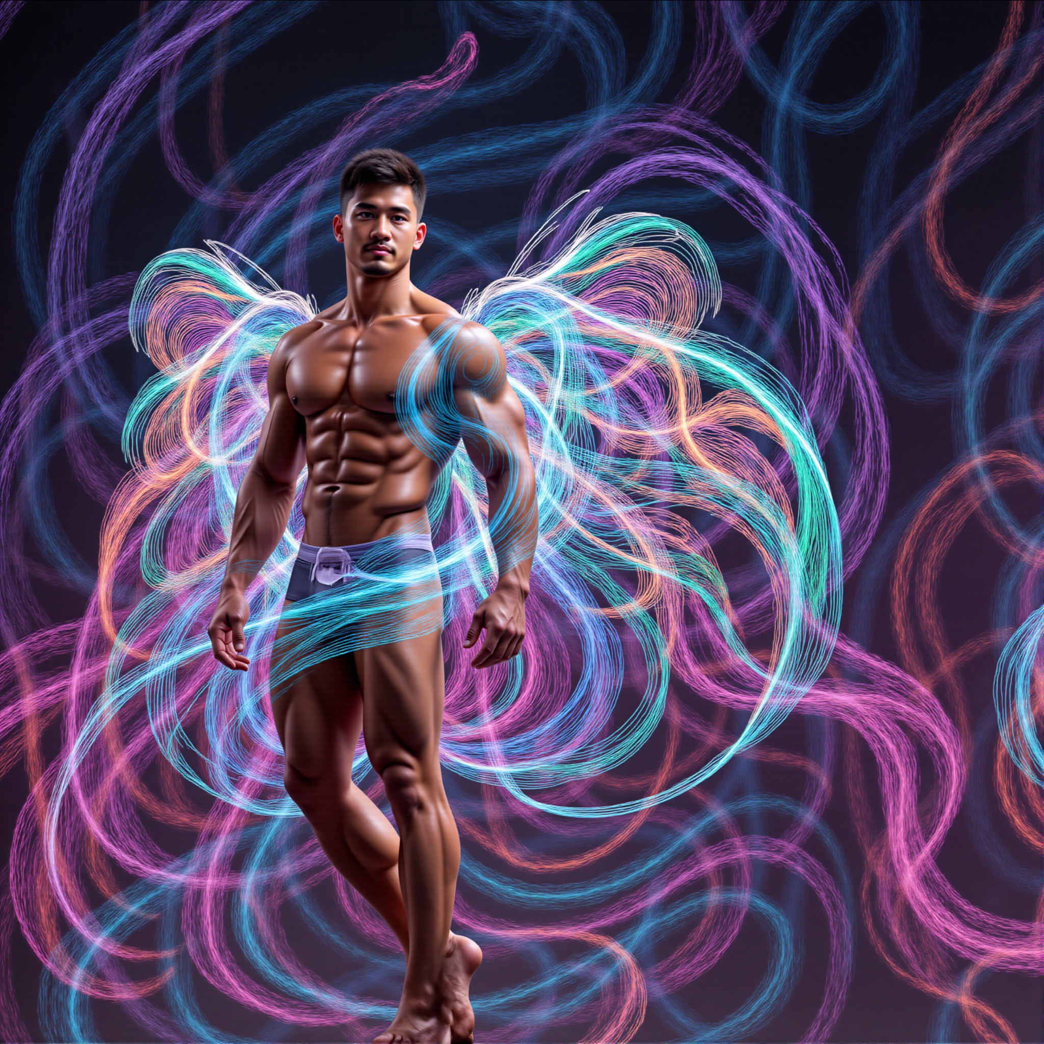 A muscular angel,  with short black hair and tan skin,  stands in side view amidst a swirling tornado. an undercut hairsty...