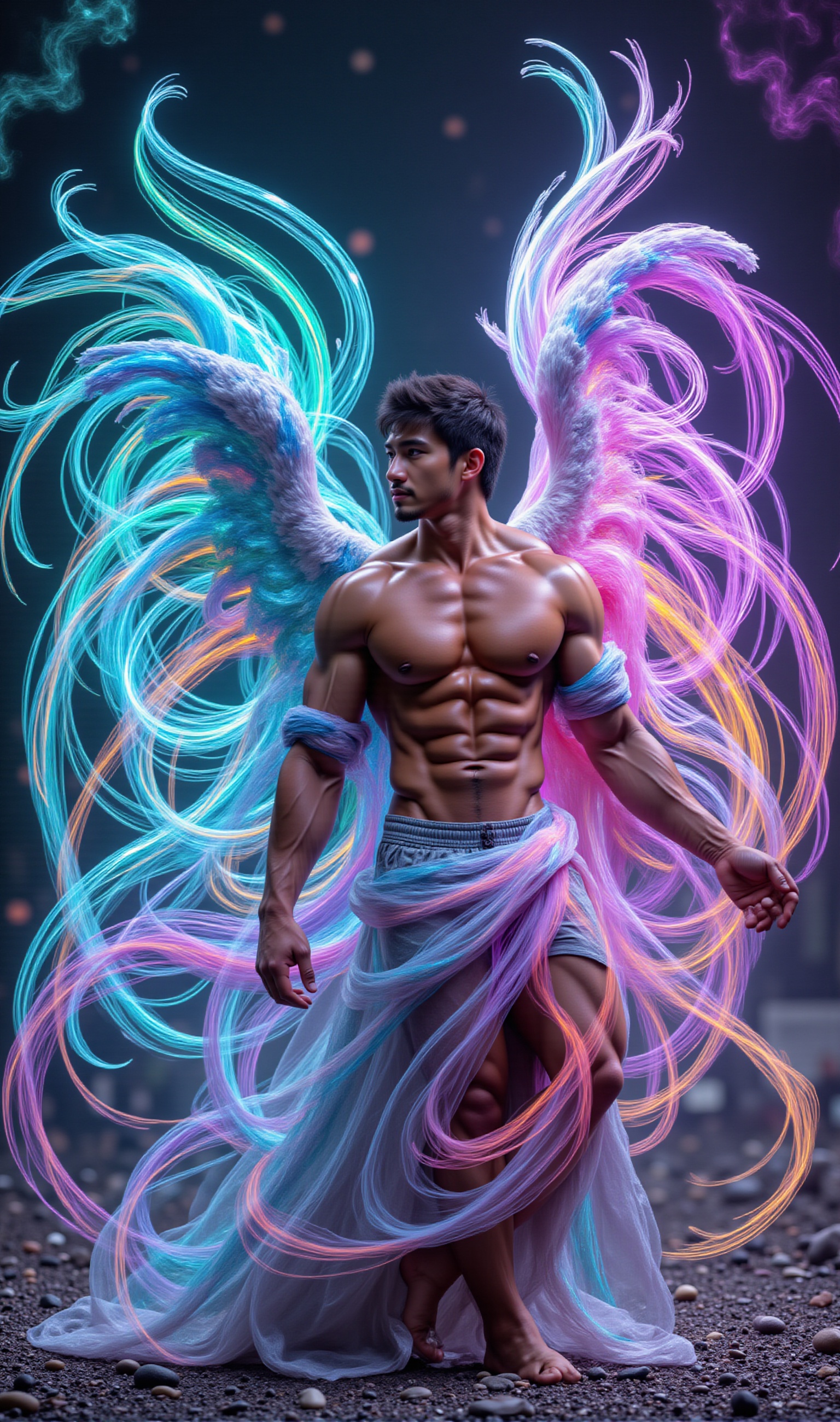 A muscular angel,  with short black hair and tan skin,  stands in side view amidst a swirling tornado. an undercut hairsty...