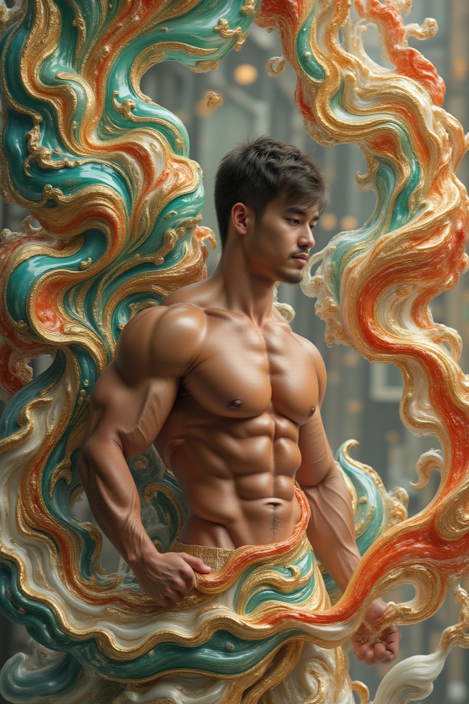 A majestic angelic figure,  muscular man with tan skin and short black hair,  clean-shaven face on Tensor.Art