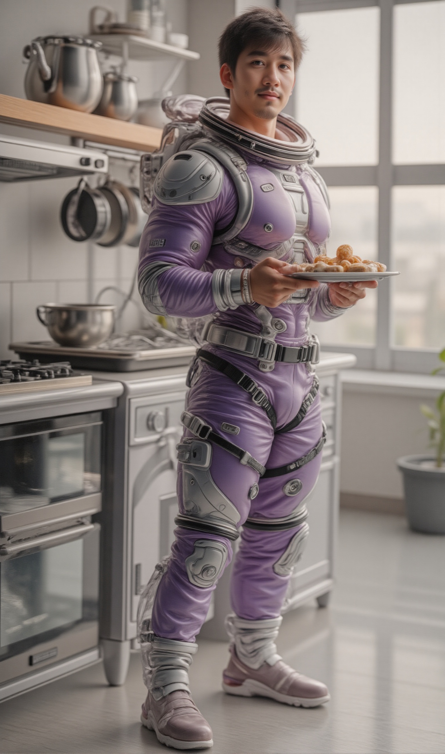A full-body shot of a handsome sexy man with a handsome face and tan skin,  shott black hair,  dressed in a soft purple fu...