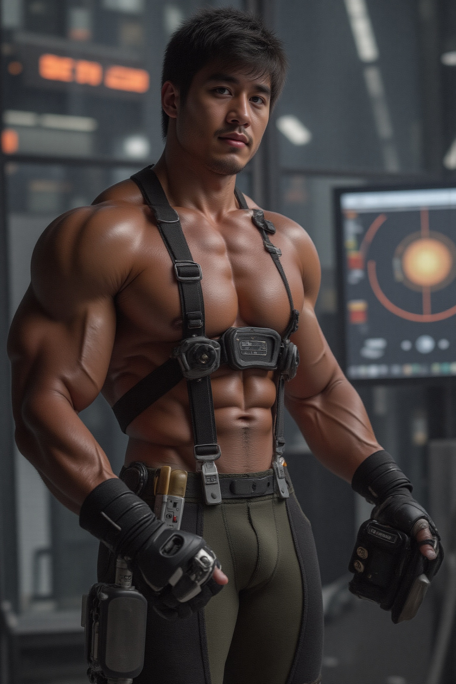A full-body shot of a muscular sexy man with a handsome face and tan skin,  shott black hair,  wearing skin tight body fut...