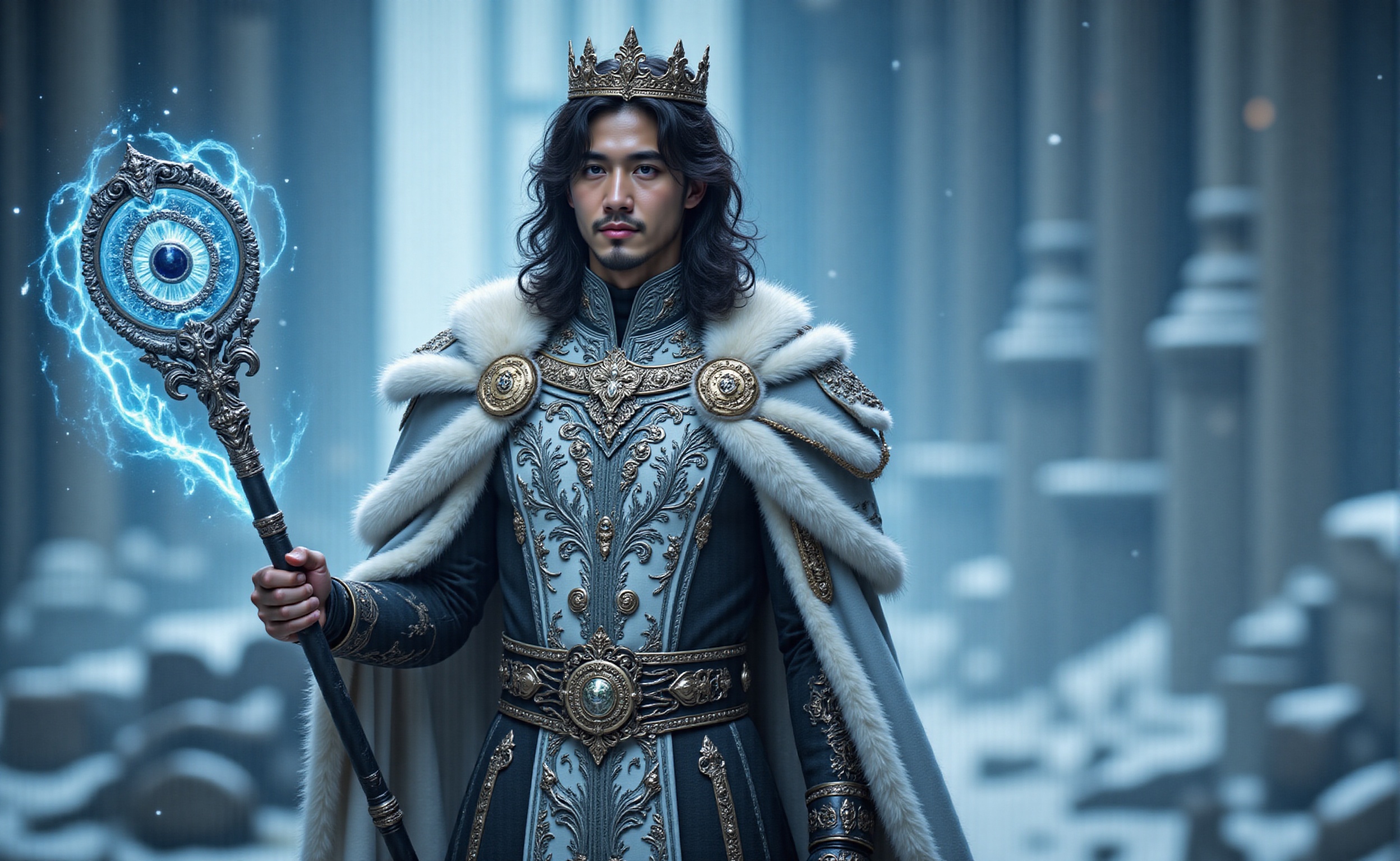 A handsome prince of snow with black hairs,  detailed crown,  a complex and gorgeous wand in hand in the castle of ice on...