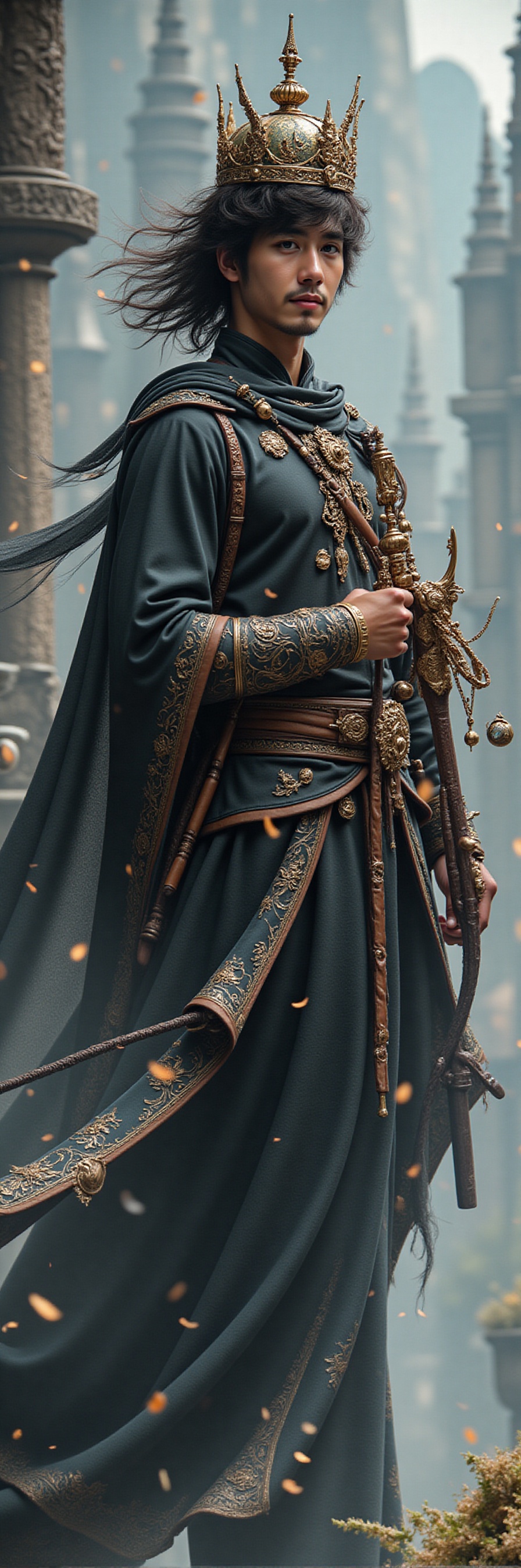 A handsome prince of wind with black hairs,  a complex and gorgeous crown in head,  the flowing clothes are blown by the s...