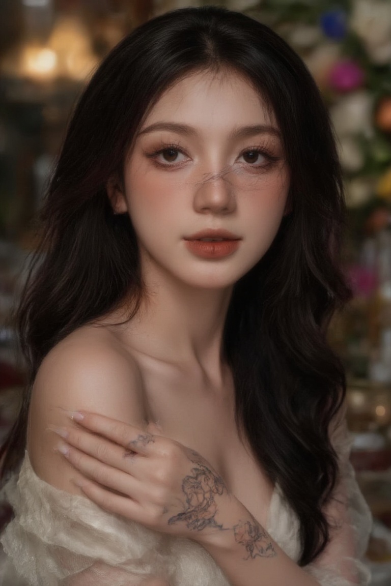 "Visualize an alluring portrait of a woman of Middle Eastern and Southern European descent,  featuring dark,  wavy hair an...
