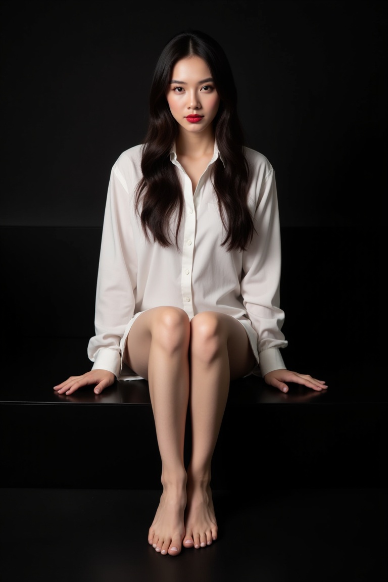 A striking image: a woman with long dark brown hair sits majestically on a sleek black surface,  her legs crossed and hand...