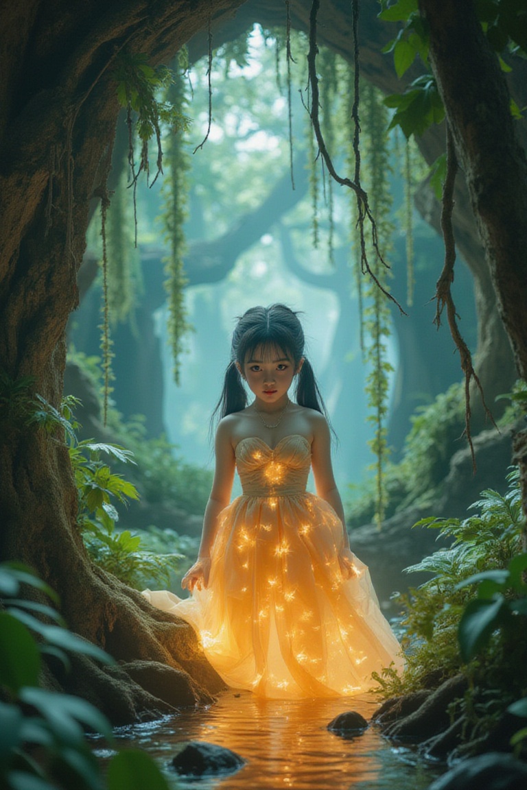 A digital artwork captures a young girl in awe as she stumbles upon an enchanted forest hidden beneath the surface,  where...