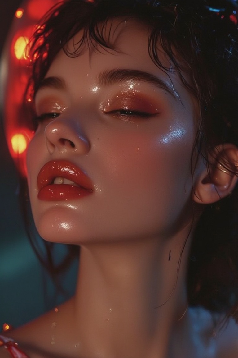 A striking woman with glossy,  saliva-covered lips gazing intensely,  draped in luxurious fabrics against a futuristic sci...