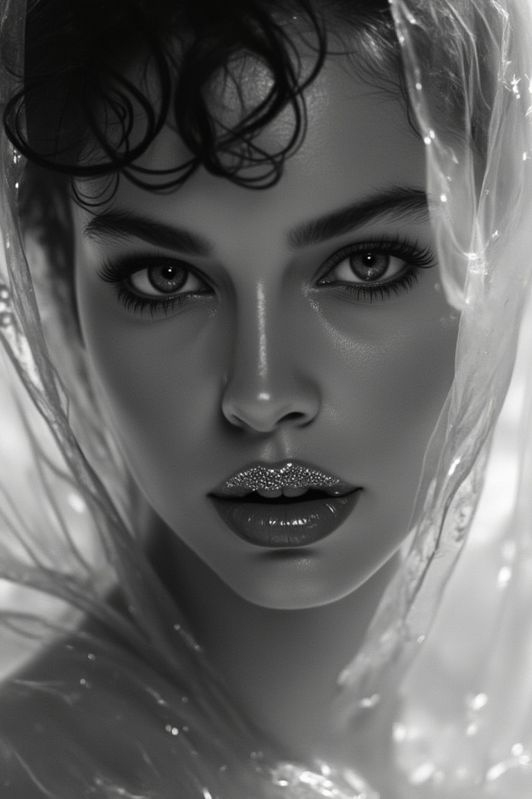 Photograph of a woman,  with a dazzling and captivating glittery lip,  gazing intensely into the camera on Tensor.Art