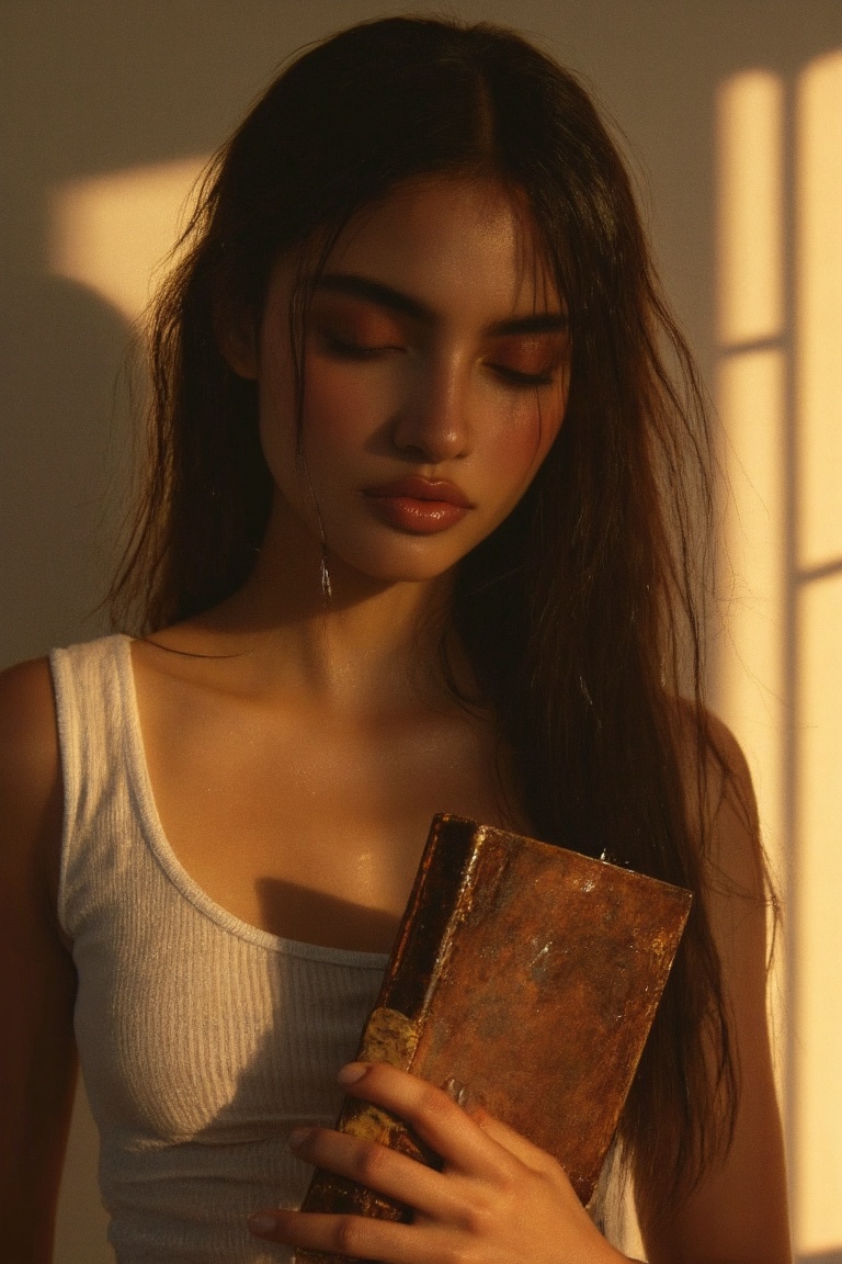 Soft focus on the woman's lips,  slightly parted in contemplation,  as warm golden light highlights her features from behi...
