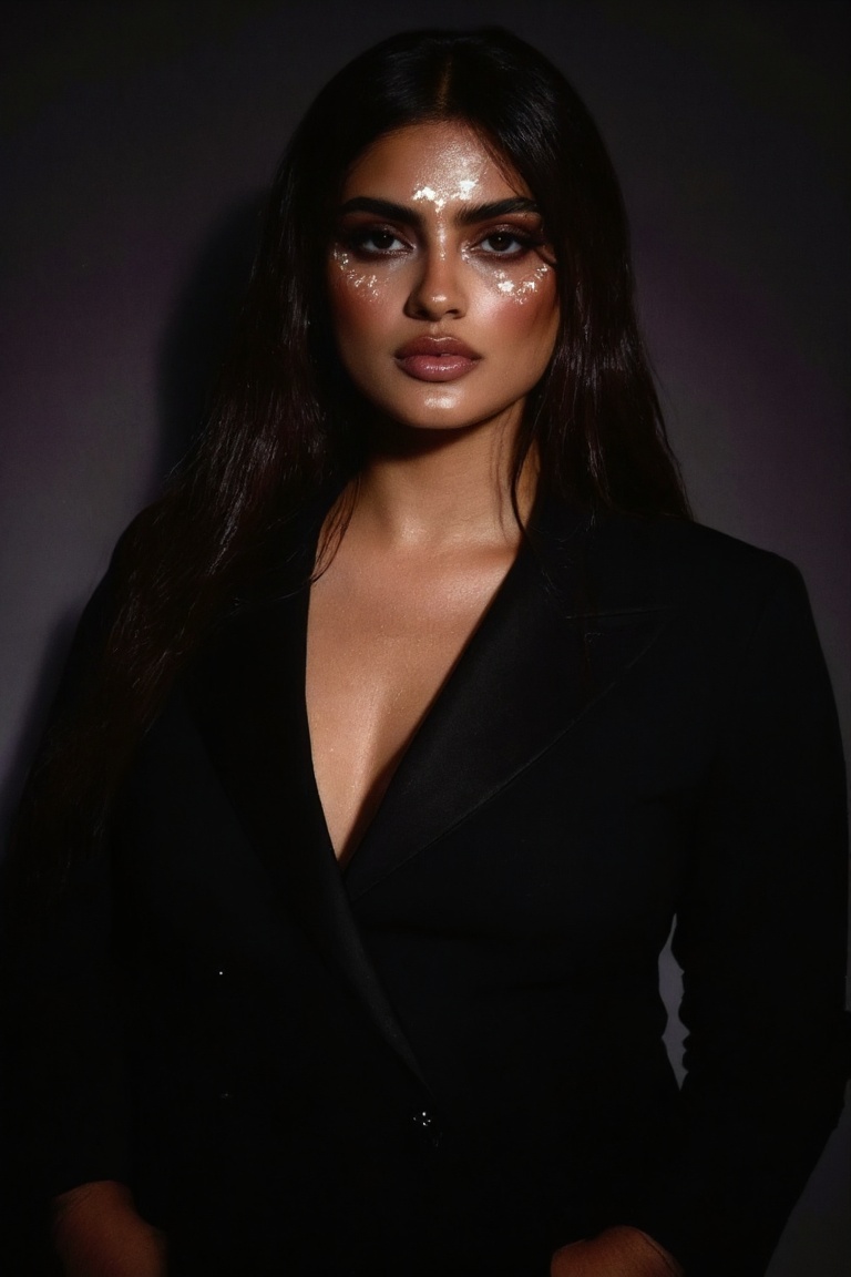 A woman stands confidently,  full-figured in a dark,  moody environment. Her eyes on Tensor.Art