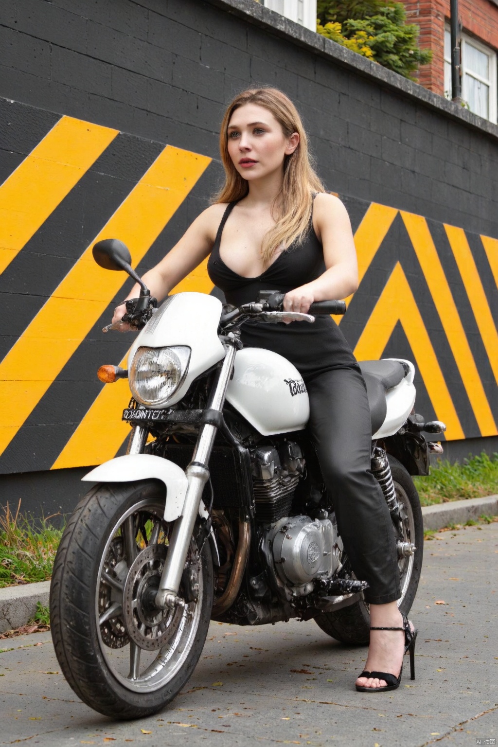 A dynamic young woman sits astride a gleaming white motorcycle,  her confident pose exuding a sense of freedom and power a...