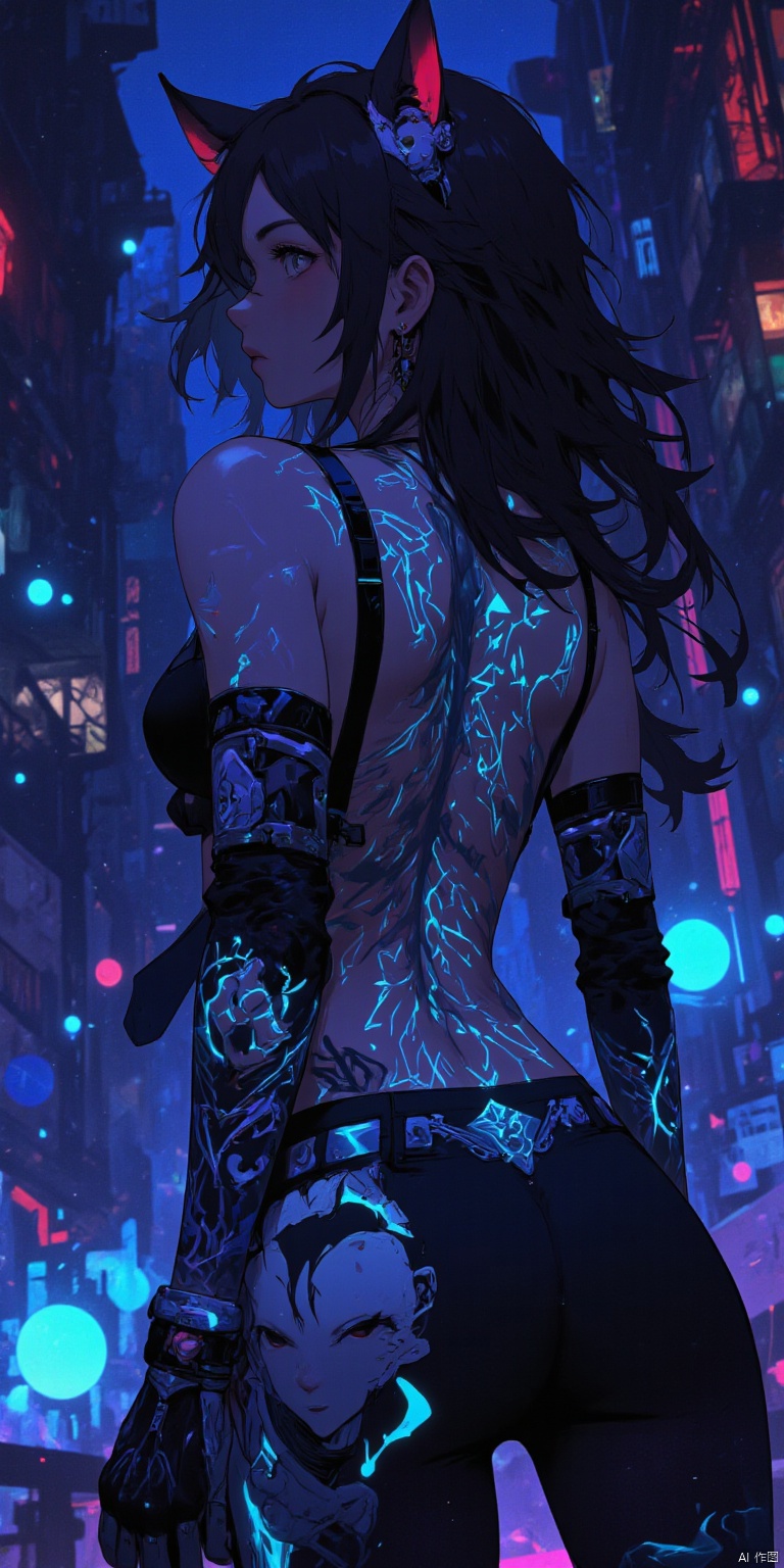 anime, niji, detailed, back focus, facing away, head tilt, back towards viewer,(Masterfully crafted Glow:1.2), Cinematic background, (bioluminescent back tattoos:1.2), long flowing hair, dynamic, whimsical, silky hair, soft light, 1girl, beautiful girl, uv lighting, (UV light tatoos:1.2), absolutely eye-catching, dynamic angle, beautiful detailed glow, dark lighting.,AIDMAREALISTICPEOPLEPHOTOGRAPH,Anime Niji Cyberpunk illustration.