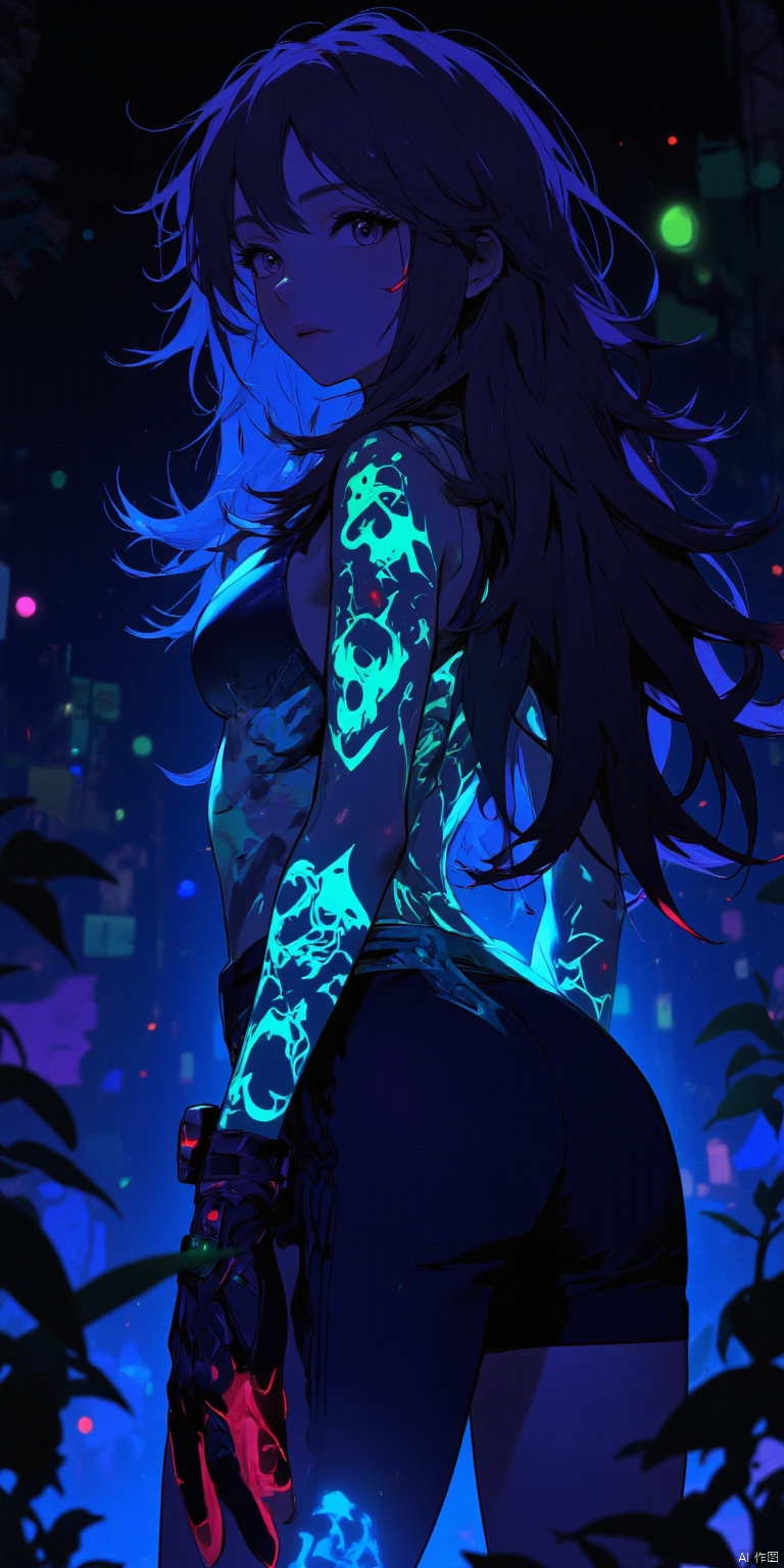 anime, niji, detailed, back focus, facing away, head tilt, back towards viewer,(Masterfully crafted Glow:1.2), Cinematic background, (bioluminescent back tattoos:1.2), long flowing hair, dynamic, whimsical, silky hair, soft light, 1girl, beautiful girl, uv lighting, (UV light tatoos:1.2), absolutely eye-catching, dynamic angle, beautiful detailed glow, dark lighting.,AIDMAREALISTICPEOPLEPHOTOGRAPH,Anime Niji Cyberpunk illustration.