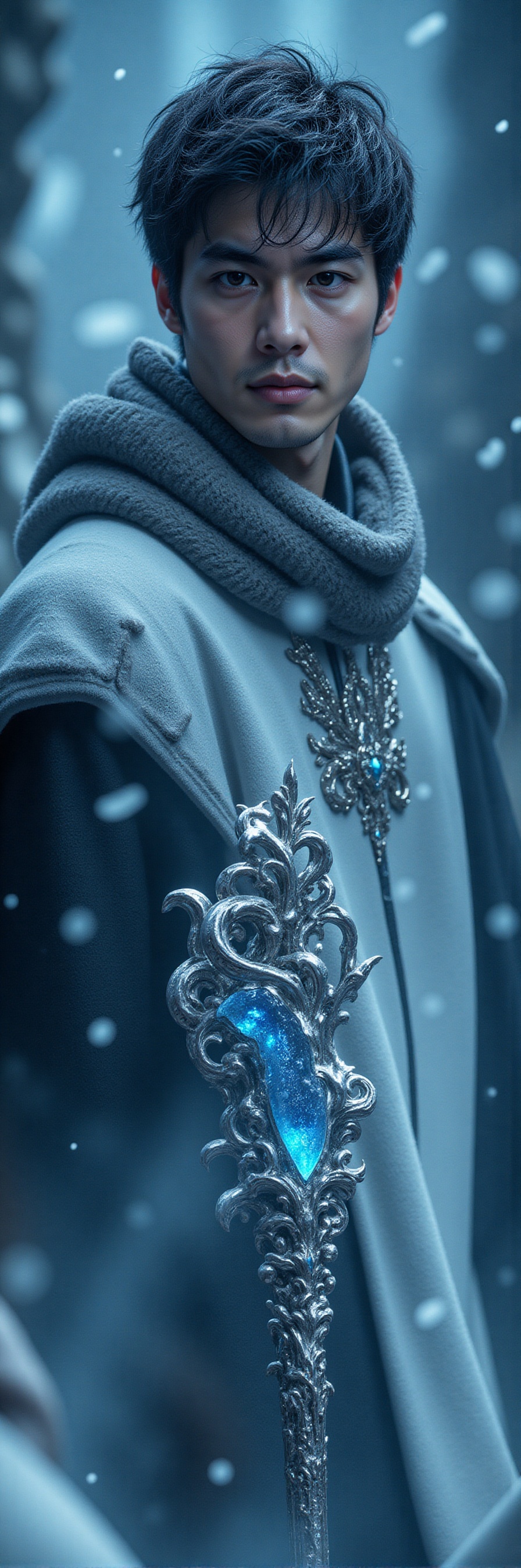A handsome prince of snow with black hairs,  detailed crown,  a complex and gorgeous wand in hand in the castle of ice on...