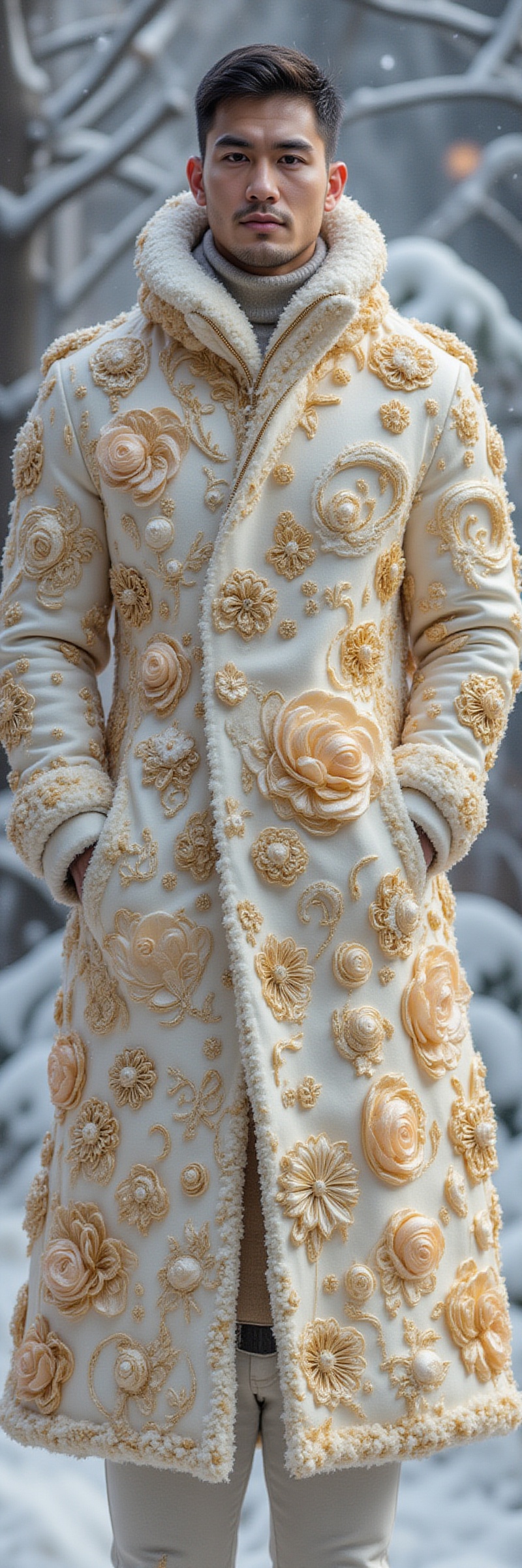 A handsome man wears a magical and special coat. The entire coat looks like it is made up of various parts of a giant fres...