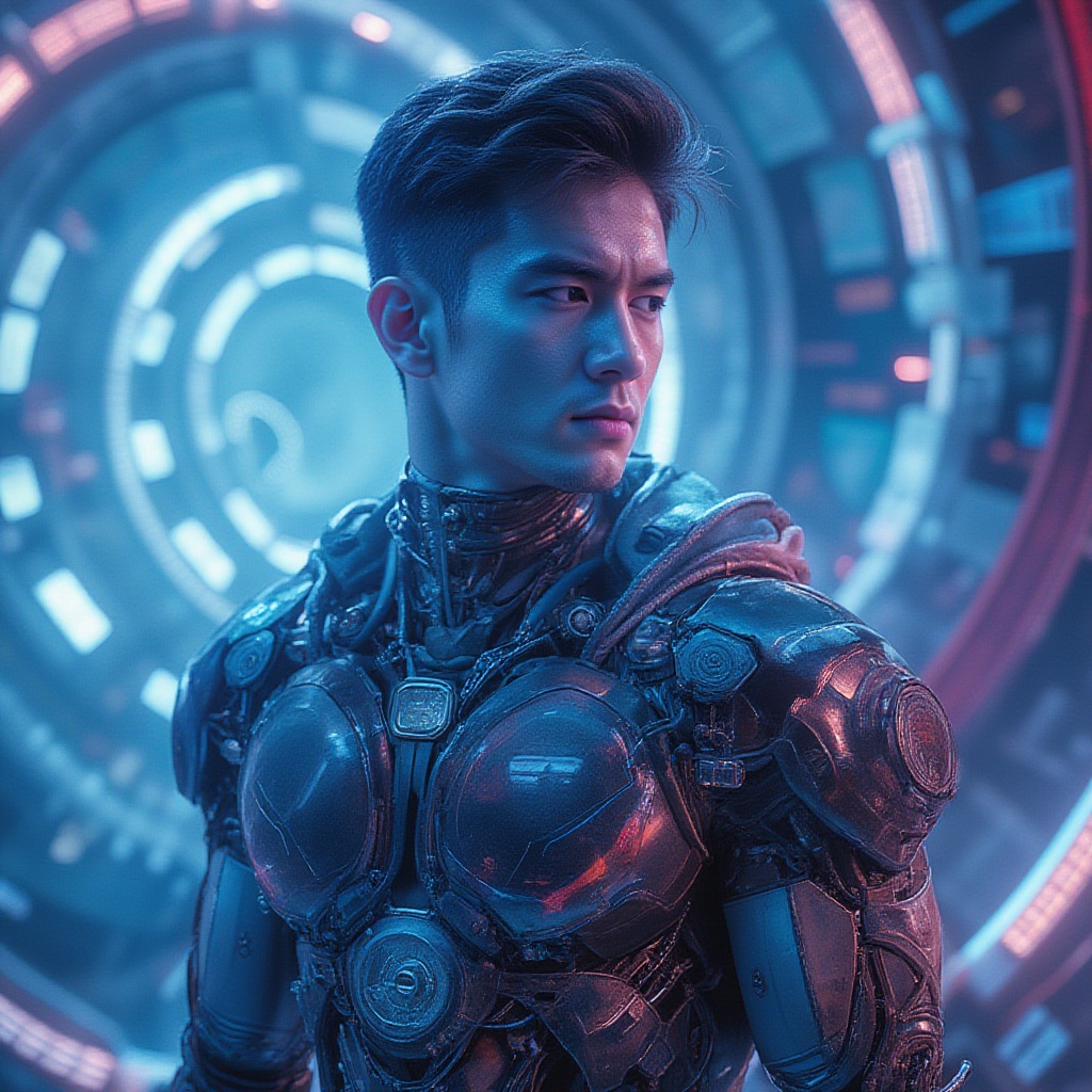 A futuristic full body portrait of a handsome man,  human-machine fusion,  movie lights on Tensor.Art