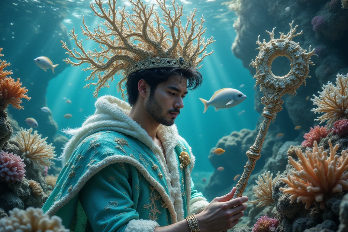 A handsome prince of water with black hairs,  a complex and gorgeous coral crown in head,  a complex and gorgeous coral wa...