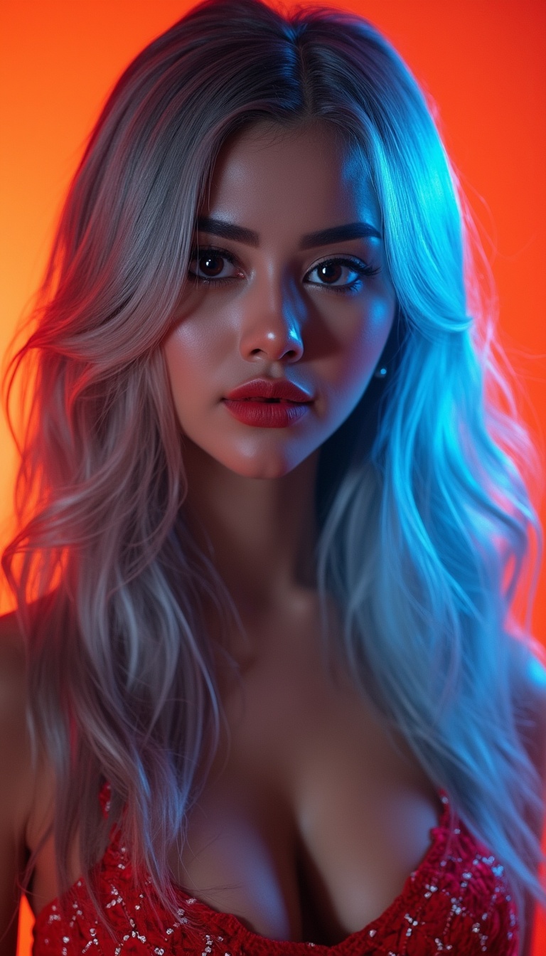 Crystal Reed,  Beautiful realistic girl with BRIGHT WHITE-BLUE long hair ,  clean skin with detailed skin on Tensor.Art