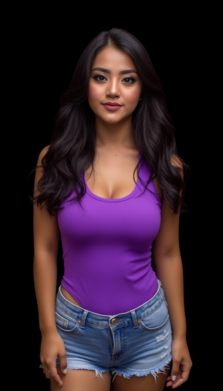 Medium shot of a woman standing in front of a solid black backdrop,  wearing a vibrant purple **** top and blue jean short...